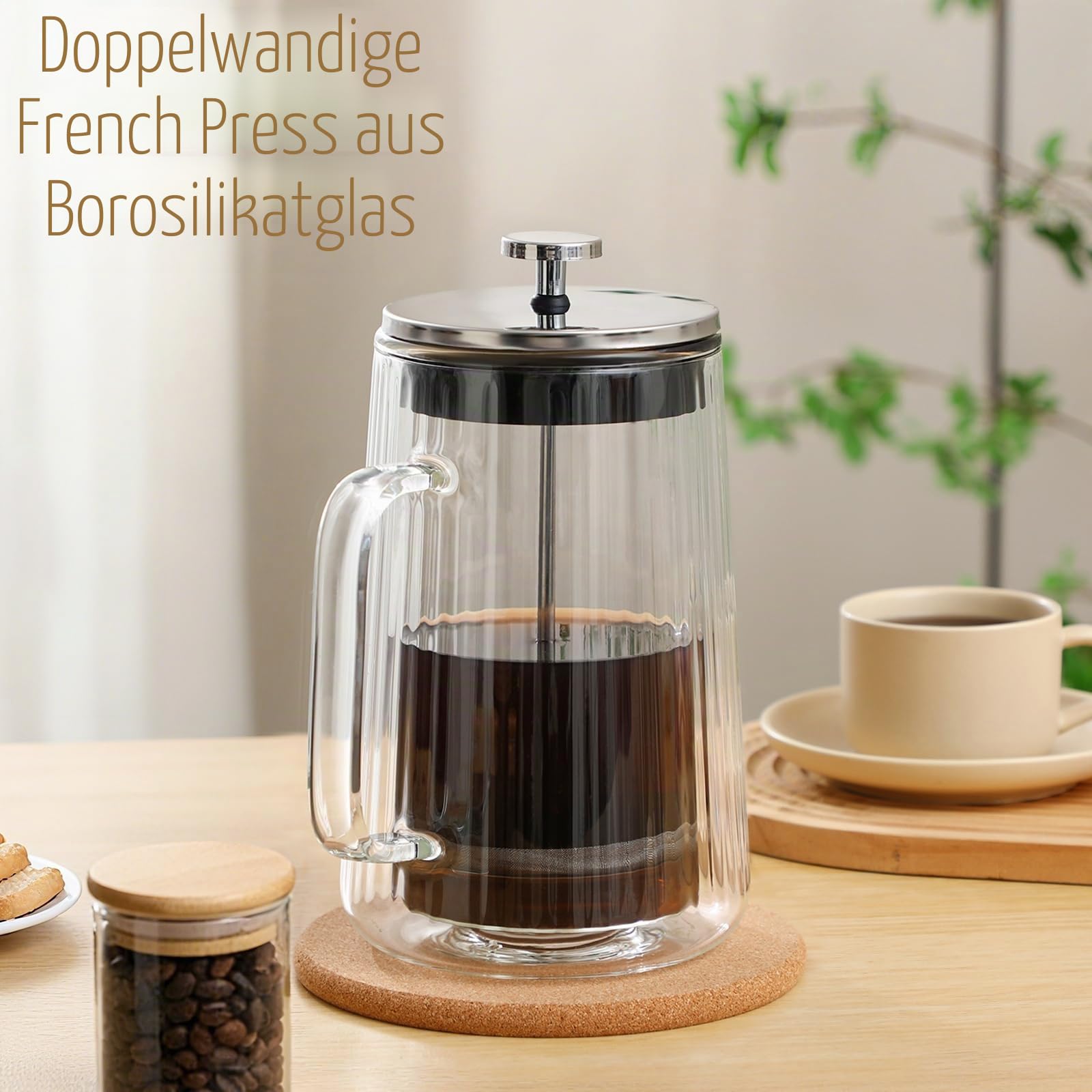 Kaffeemaschine Glas French Press 1 Liter, Doppelwandige Design, Hitzebeständig Kaffeepresse mit 4-stufiger Filtration für Kaffee auch für Tee-1000 ml