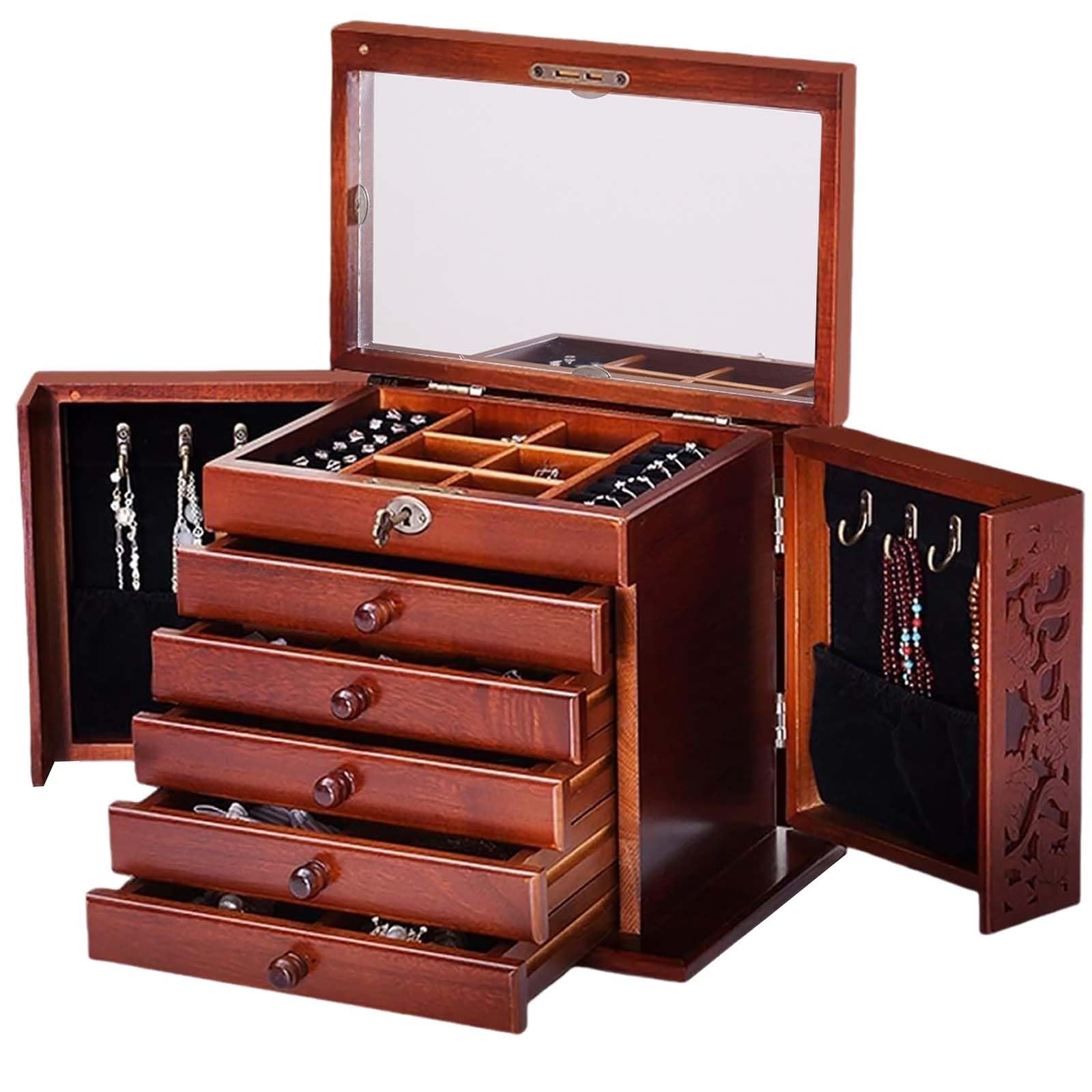 Joyero de Madera para Mujer, 6 Niveles, Joyeros Organizador Grande con 5 Cajones, Espejo & Cerradura, Caja Joyero para Joyas, Jollares, Anillos, Alhajero, Relojes de Estilo Vintage (Walnut)