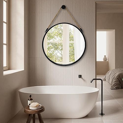 Miniatura 3 de POZINO Espejo redondo, espejo colgante de 24 pulgadas con cuerda, espejos de pared circular, marco negro, espejos de granja para baño, dormitorio