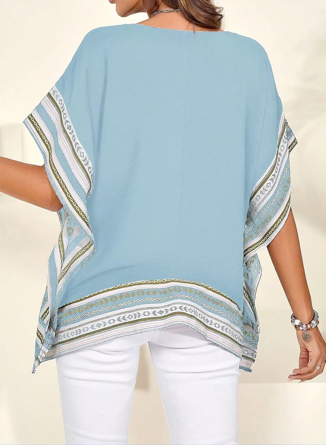 Women's Casual V Neck Floral Tops Batwing Sleeve Blouse Loose Fitting Shirts Boho Flowy Side Slit Tees - Image 4