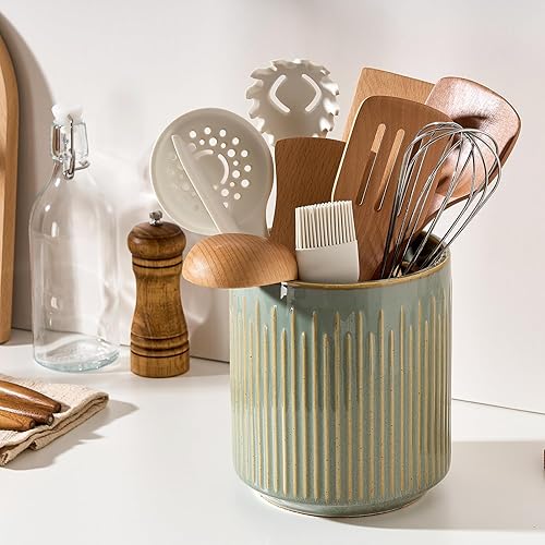 Miniatura 5 de JIEMEI HOME - Soporte para utensilios de cocina, recipiente estable de cerámica para encimera de cocina, organizador grande de utensilios de 7.2