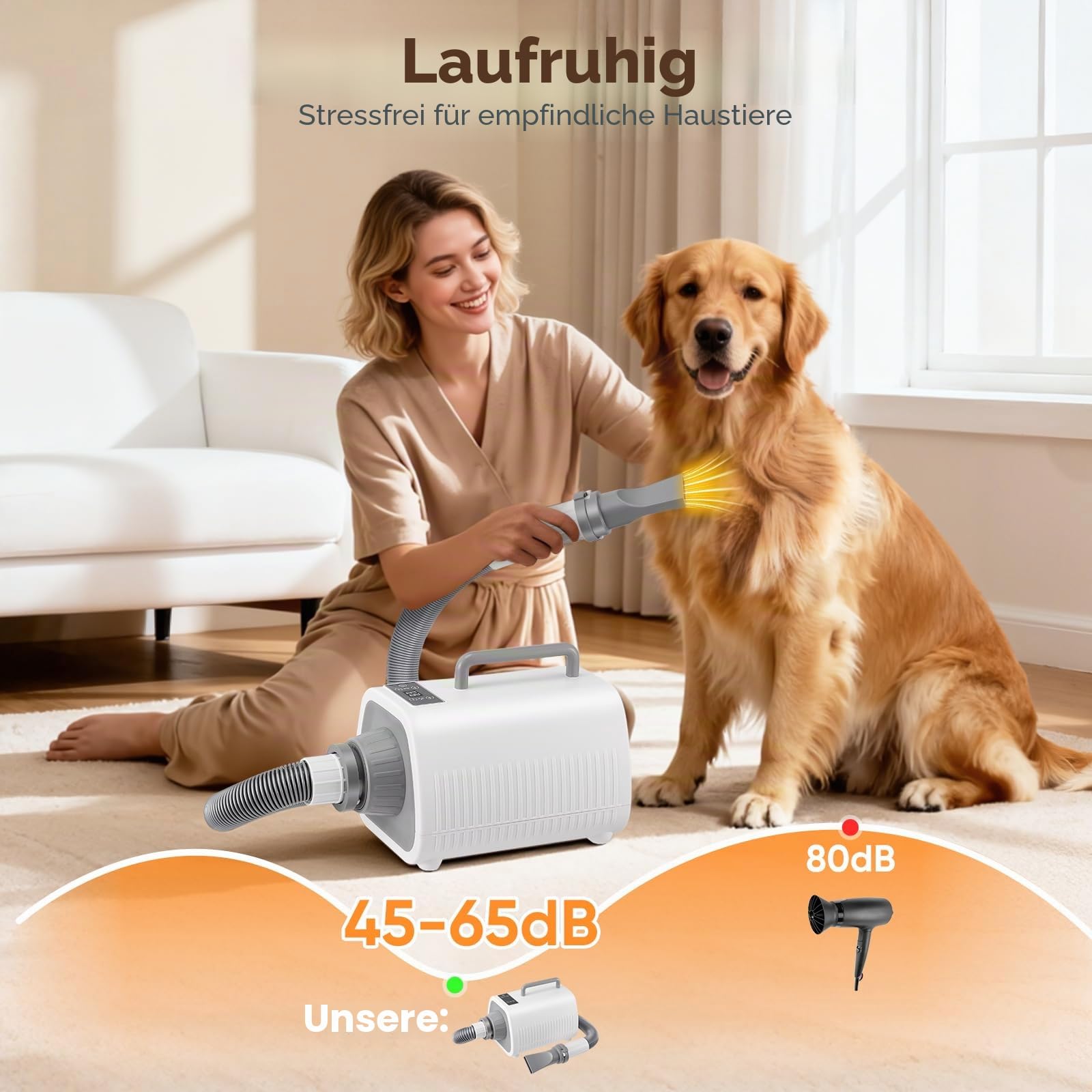 Pudel Hundefön, Leistungsstarker Hundeföhn mit Einstellbarer Geschwindigkeit und Temperatur, 3 Düsen, Flexiblem Schlauch und LCD-Bildschirm, blower hund für Katzen und Hunde aller Größen