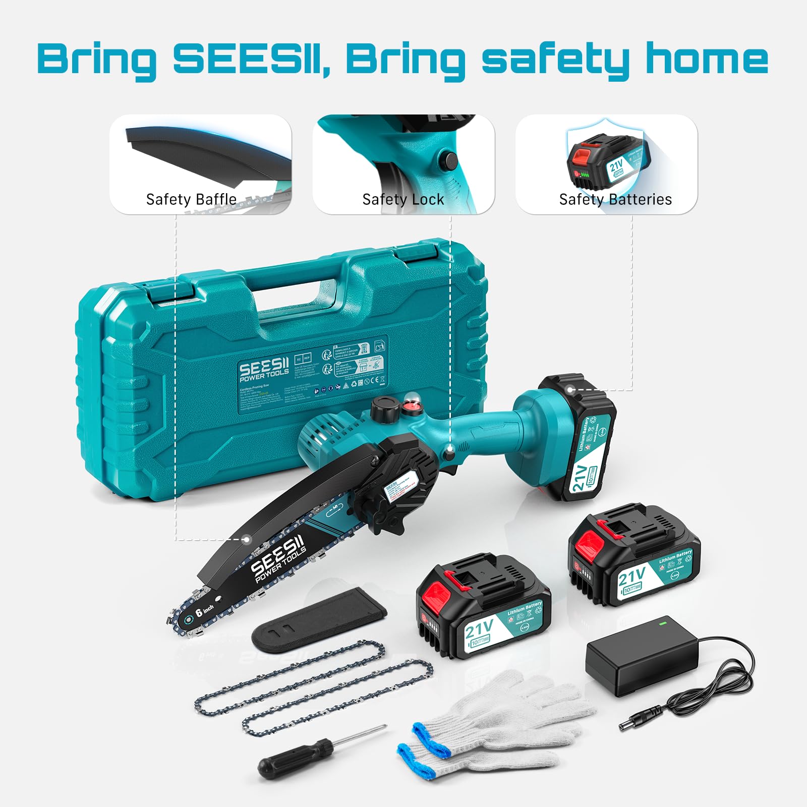 SEESII 6'' Mini Motosierra Bateria 8000mAh, Motosierra Eléctrica Bateria con Depósito Para El Aceite y Cadena Reemplazable, Motosierra Inalámbrica Portátil para Podar Árboles de Jardinería