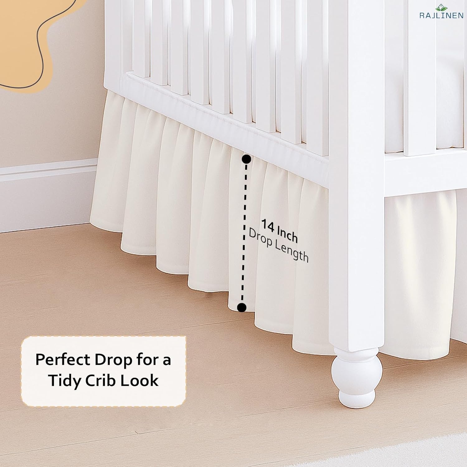 Rajlinen Ruffled Crib Bed Skirt, Microfiber, Dust Ruffle with Split Corners, 14" Drop, Nursery Toddler Bedding for Baby Boys or Girls, Ivory
