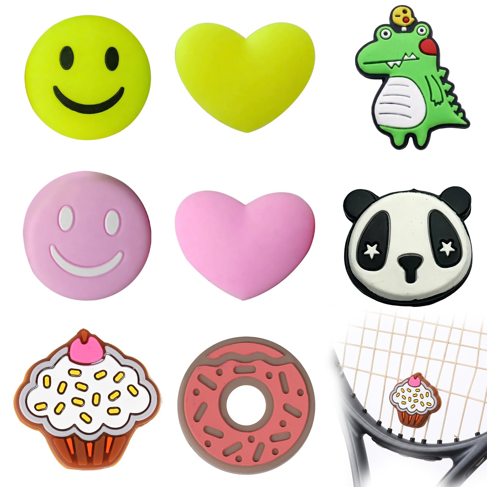8 Unidades de Antivibrador Raqueta Tenis de Silicona, Amortiguador Tenis con Diseños Divertidos de Panda, Dinosaurio y Emoticonos, Accesorios para Raquetas de Tenis y Padel para Niños y Adultos