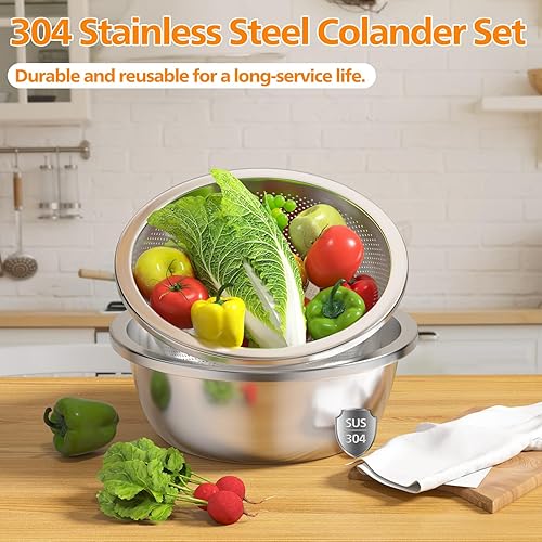 Miniatura 4 de Colador de acero inoxidable 304 con cuencos para mezclar, gran capacidad de 2 cuartos de galón, juego de colador de metal microporoso para lavar y