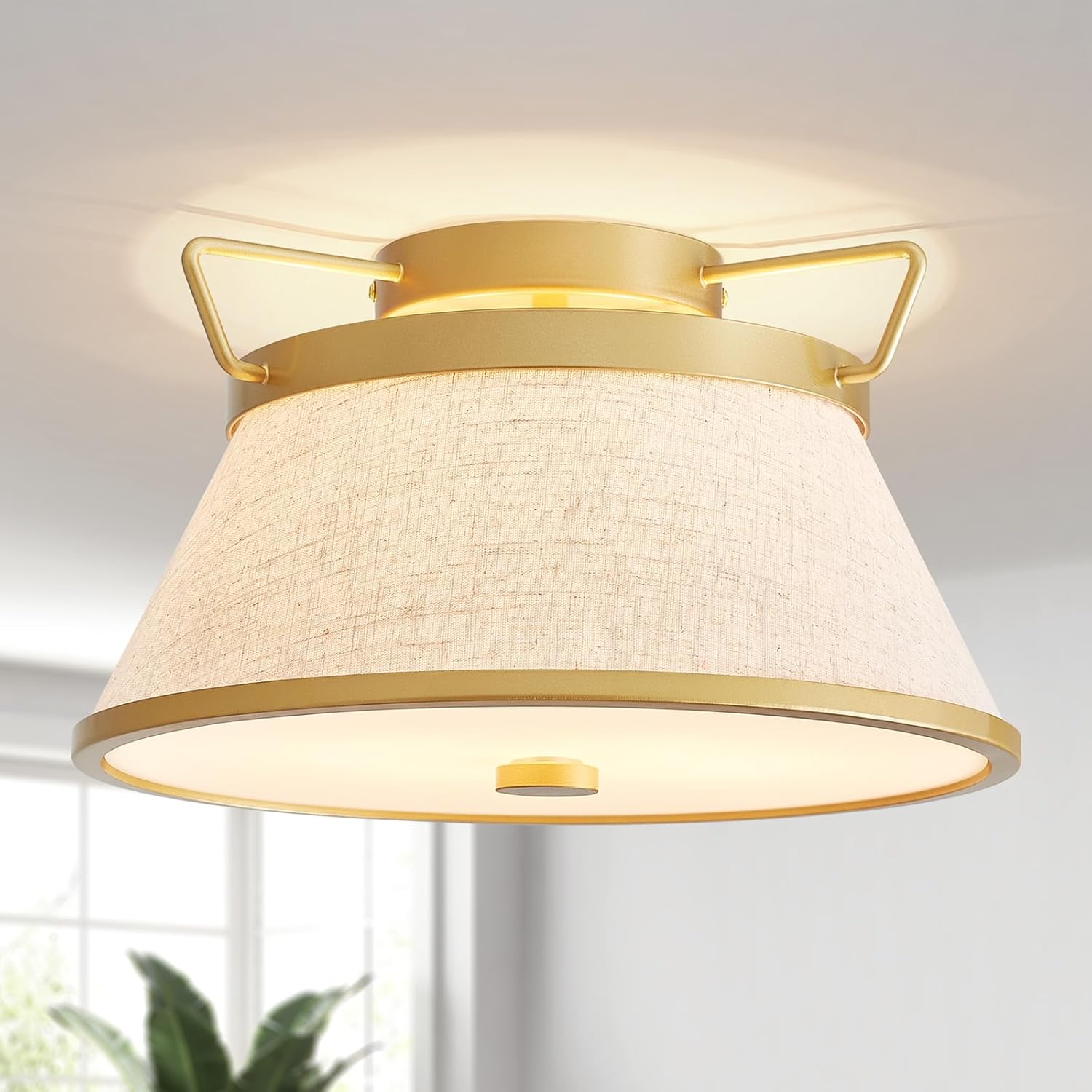 Mid-Century Fabric Ceiling Light, Flush Mount Light Fixtures, 2-Light Beige Textured Linen Shade with Gold Metal, D13*H9.1 inch, for Dining Room, Living Room, Bedroom, Hallway