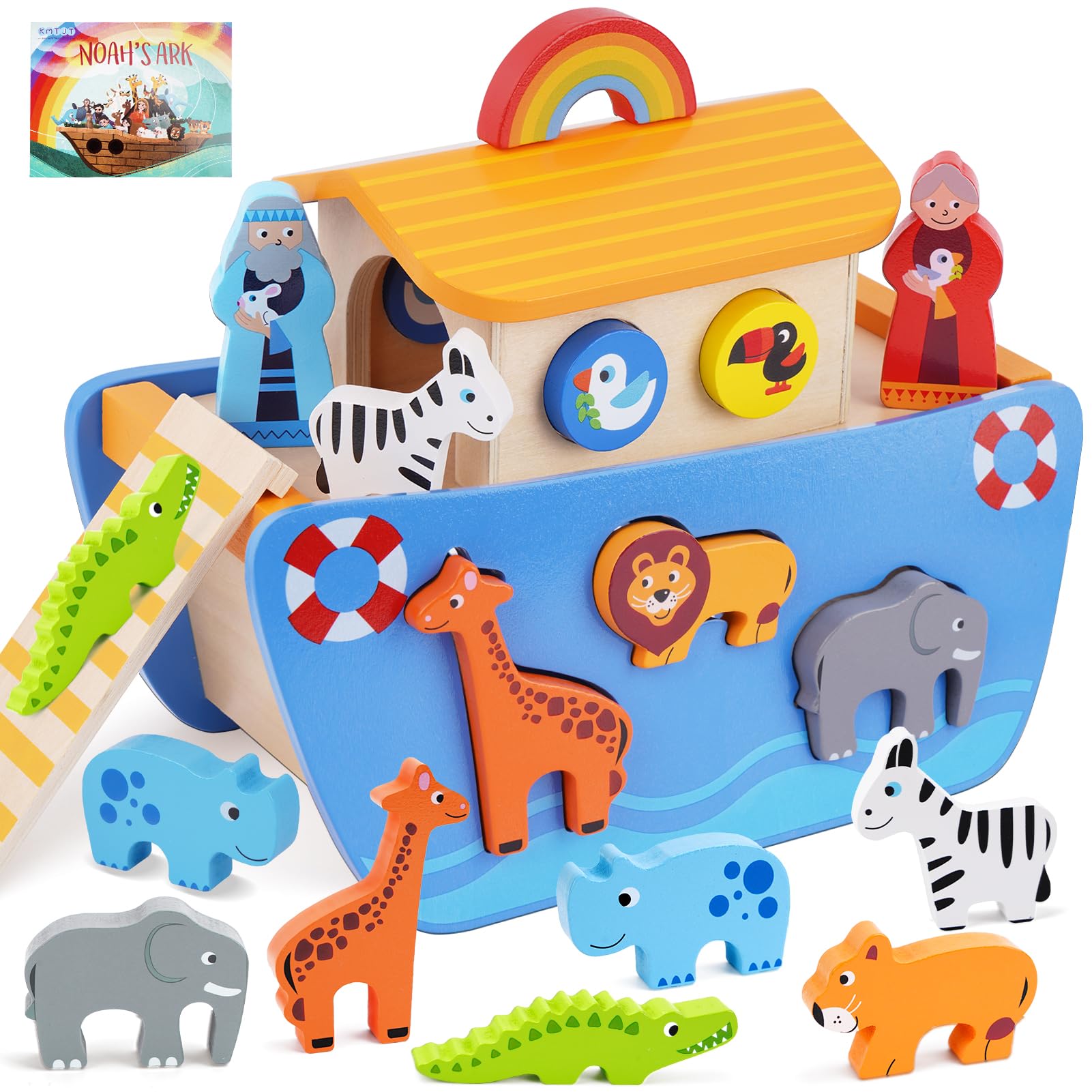 KMTJT Arche Noah Holzspielzeug | Holzspielzeug ab 1 2 3 Jahr Kinder | Taufgeschenke für Jungen Mädchen | Montessori Spielzeug Tier Sortier Stapel | Bibel Geschichte Buch Taufe