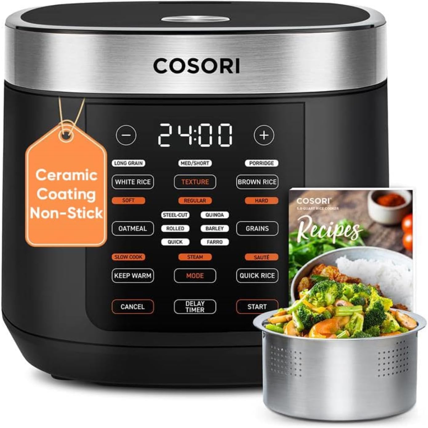 COSORI Micom Rice Cooker Maker 18 Functions, Steamer, Sauté, Slow Cooker, Multi Cooker, with 50 Recipes, 24h Automatic Keep Warm & Timer,1000W, Nonstick Inner Pot