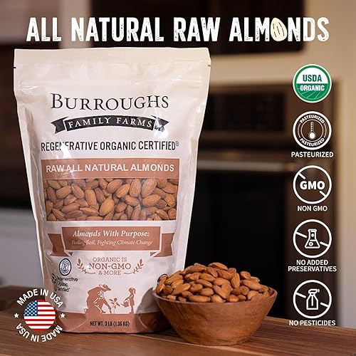 Miniatura 5 de Burroughs Family Farms Almendras orgánicas regenerativas totalmente naturales, sin gluten, sin OMG, almendras paleo cetogénicas, delicias sin culpa
