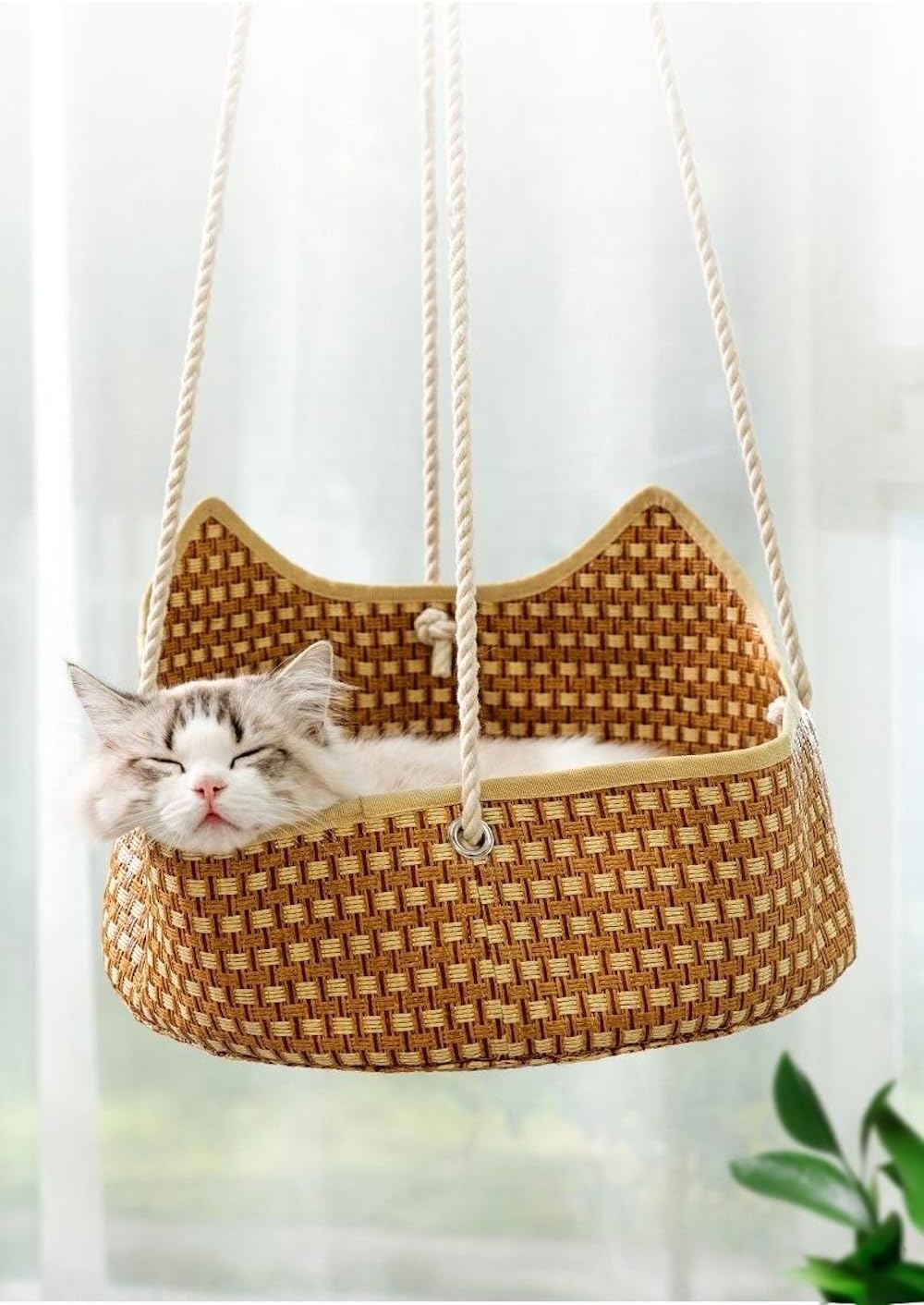 Woven Cat Bed Hammock Scratcher Basket Handwoven Bamboo Rattan Sofa Cute Breathable Kitten Puppy Chair Sleeping Nest (up to 16.5 lb/One Size,Brown(Rattan Weaving))