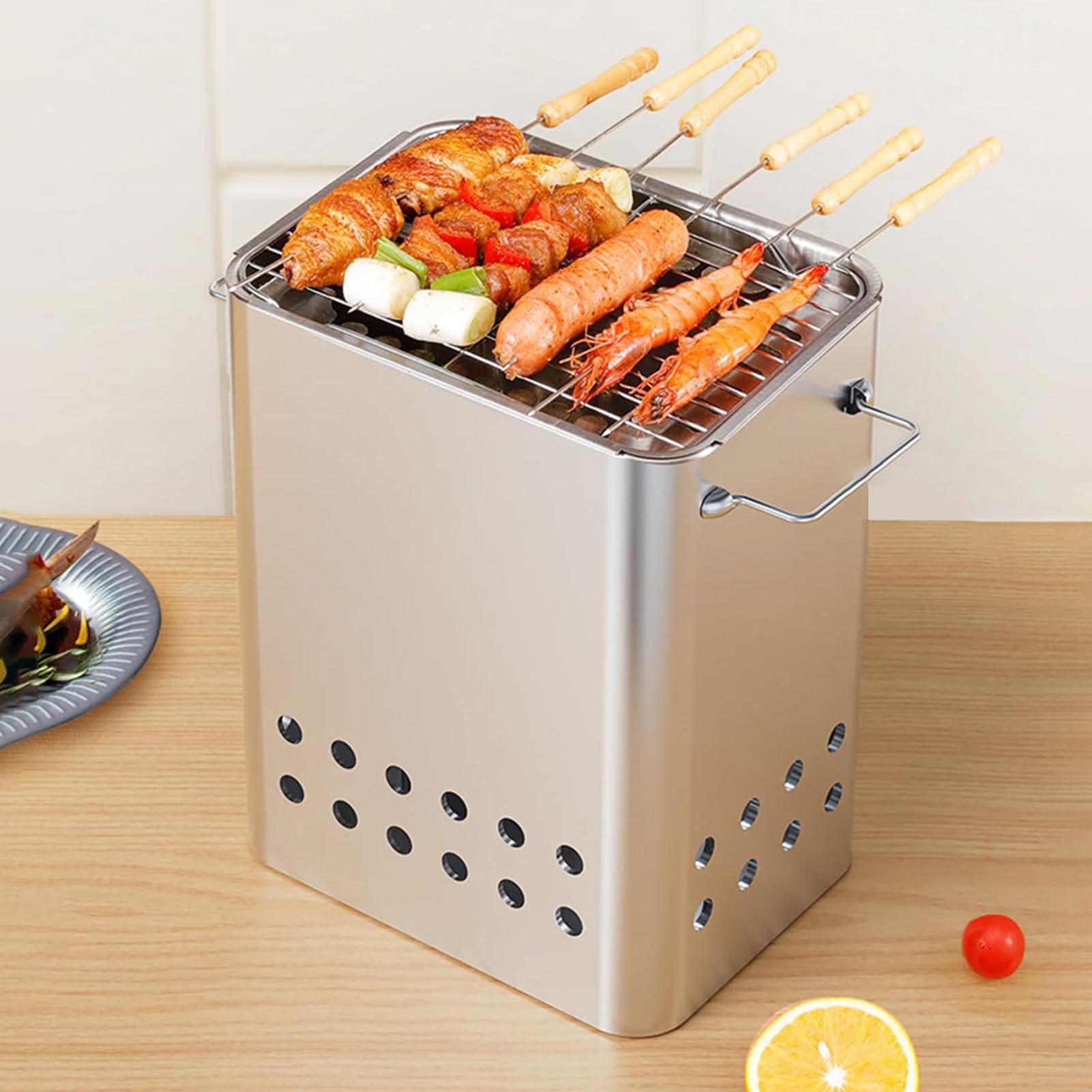 Pionowy Grill Węglowy Typu Smoker, Przenośny Bezdymny Grill BBQ z 26 Szaszłykami i Rusztem, Równomierne Ogrzewanie 360°, Grill Wiszący ze Stali Nierdzewnej do Kempingu Ogrodu i Przyjęć (Bezwęglowy)