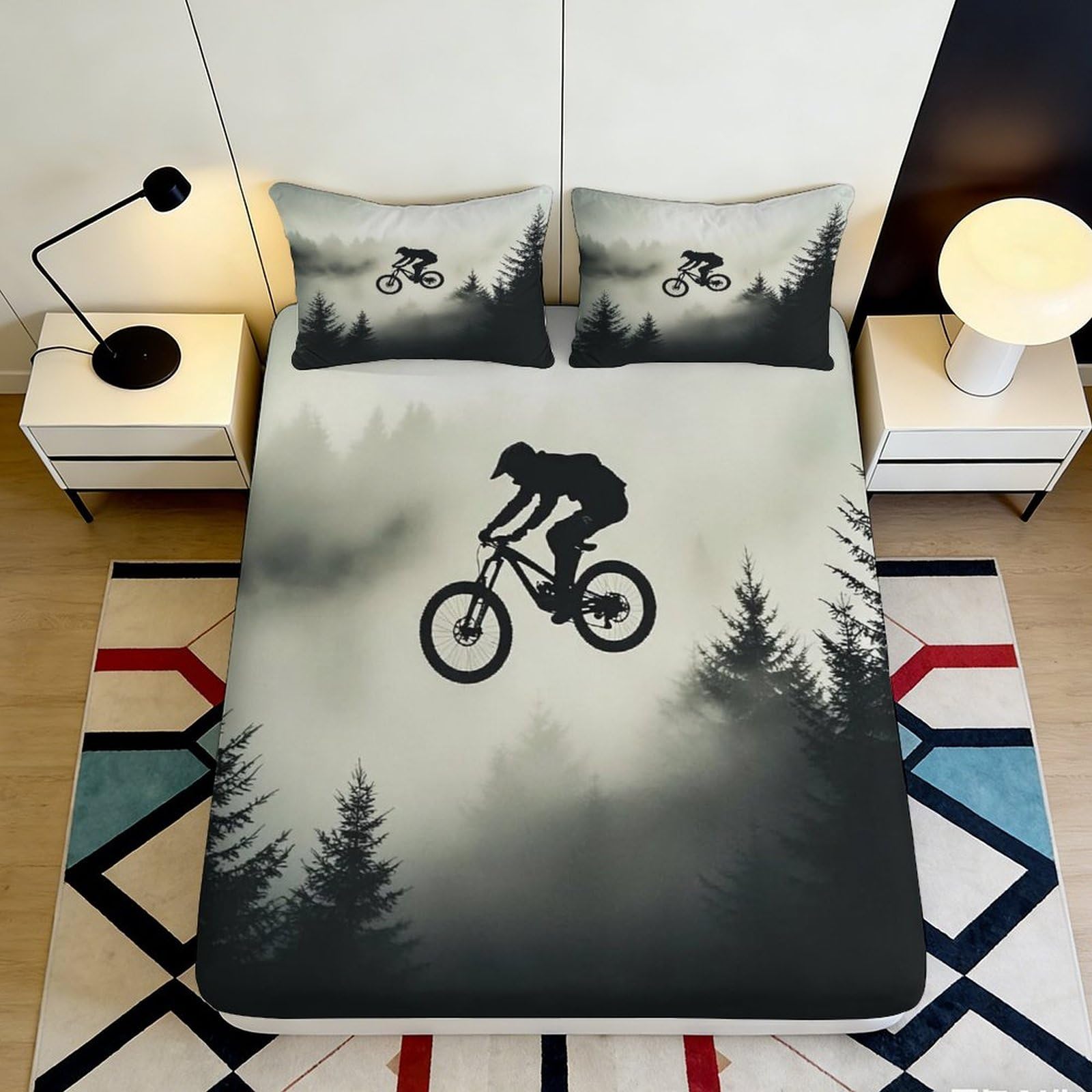 3D Printed Mountain Biker Fitted Sheet Microfiber Soft Breathable Forest Silhouette Bed Cover for Bedroom Dormitory Guest Room Mattress Protection Decor 90x200x25cm