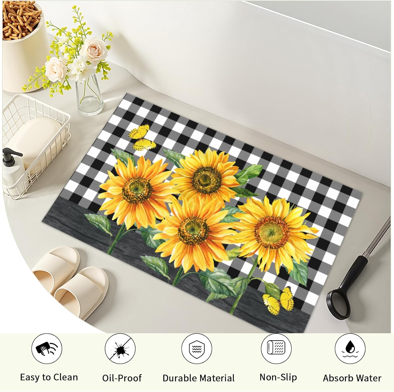 Sunflower Bathroom Rug Summer Floral Non Slip Washable Farmhouse Buffalo Plaid Absorbent Low Profile Bath Mat for Shower Tub Sink Laundry Room 20x32 Inch