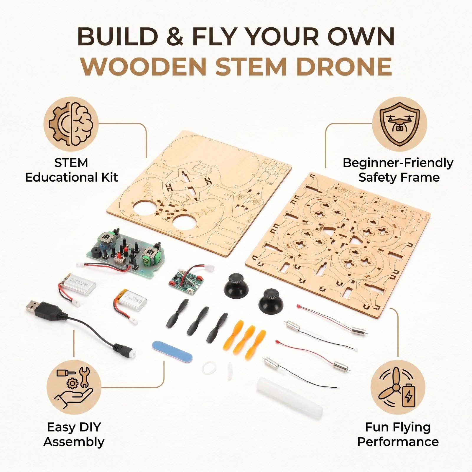 Sxhlseller Kit Modello di Drone RC in Legno per Adolescenti e Adulti, Set di Blocchi di Quadricottero in Legno di Faggio con Telecomando e Apprendimento STEM