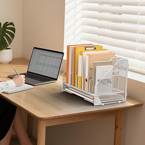 Miniatura 7 de Organizador de carpetas de archivos de escritorio, 5 compartimentos verticales y bandeja de papel para cartas, clasificador de archivos de malla
