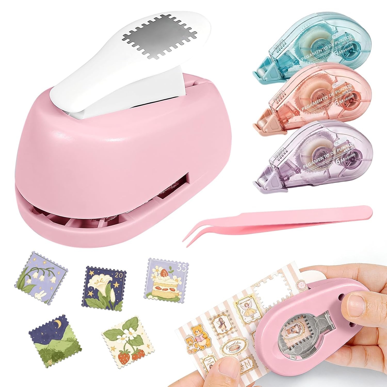 HITOSTAR 2026 Upgrade 2cm Postage Stamp Paper Punch Kit, Portable Square Shaped Stamp Cutter Hole Puncher for Crafting Scrapbook Card Making Supplies, with Double Sided Tape Roller & Tweezers (Pink)