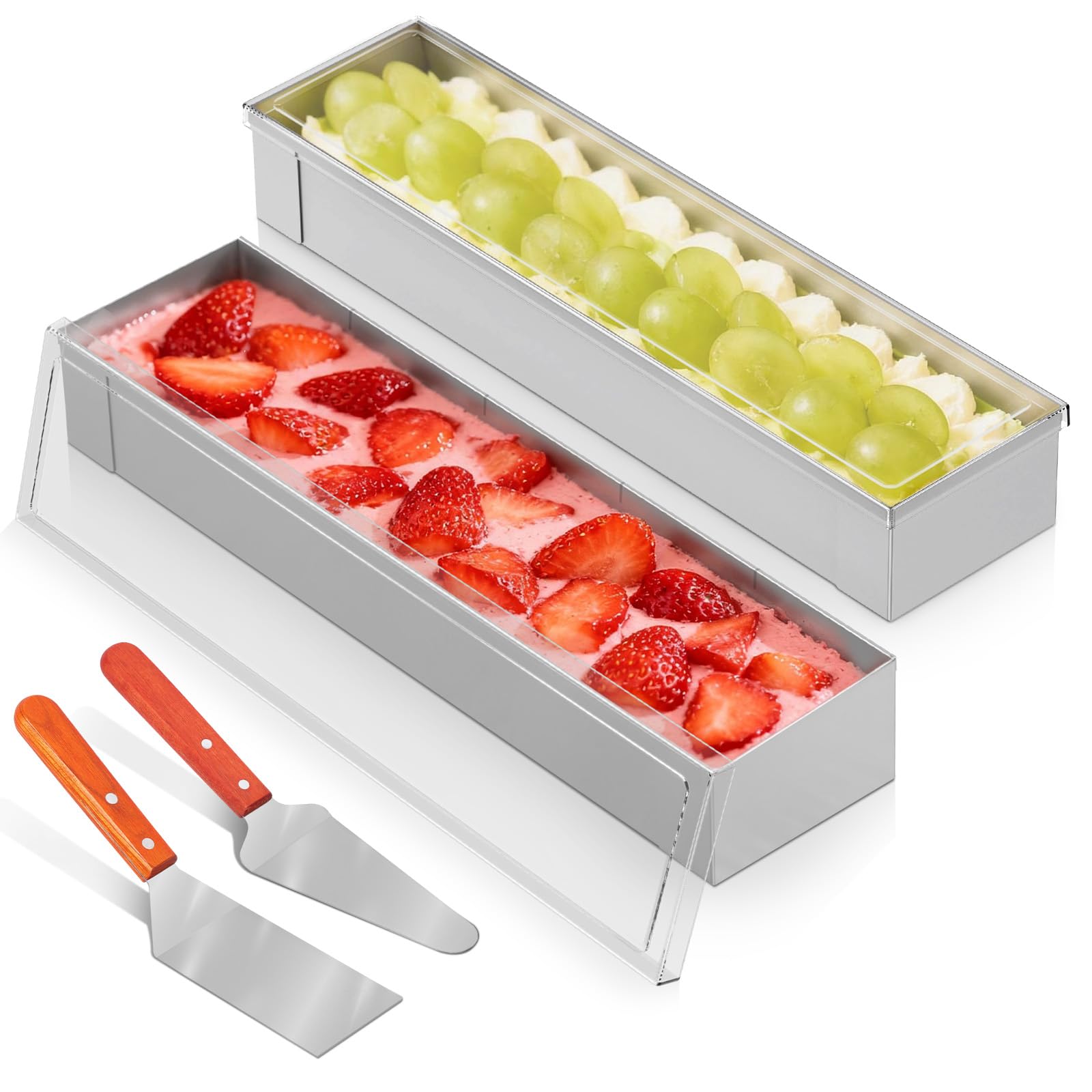 2 Pack Tiramisu Pan,Mousse Cakes Mould,Stainless Steel Rectangle Tiramisu Cake Pan with 2 Metal Spatula Detachable Cake Baking Mold Cheesecake Mould for Cheesecake(2 molds)