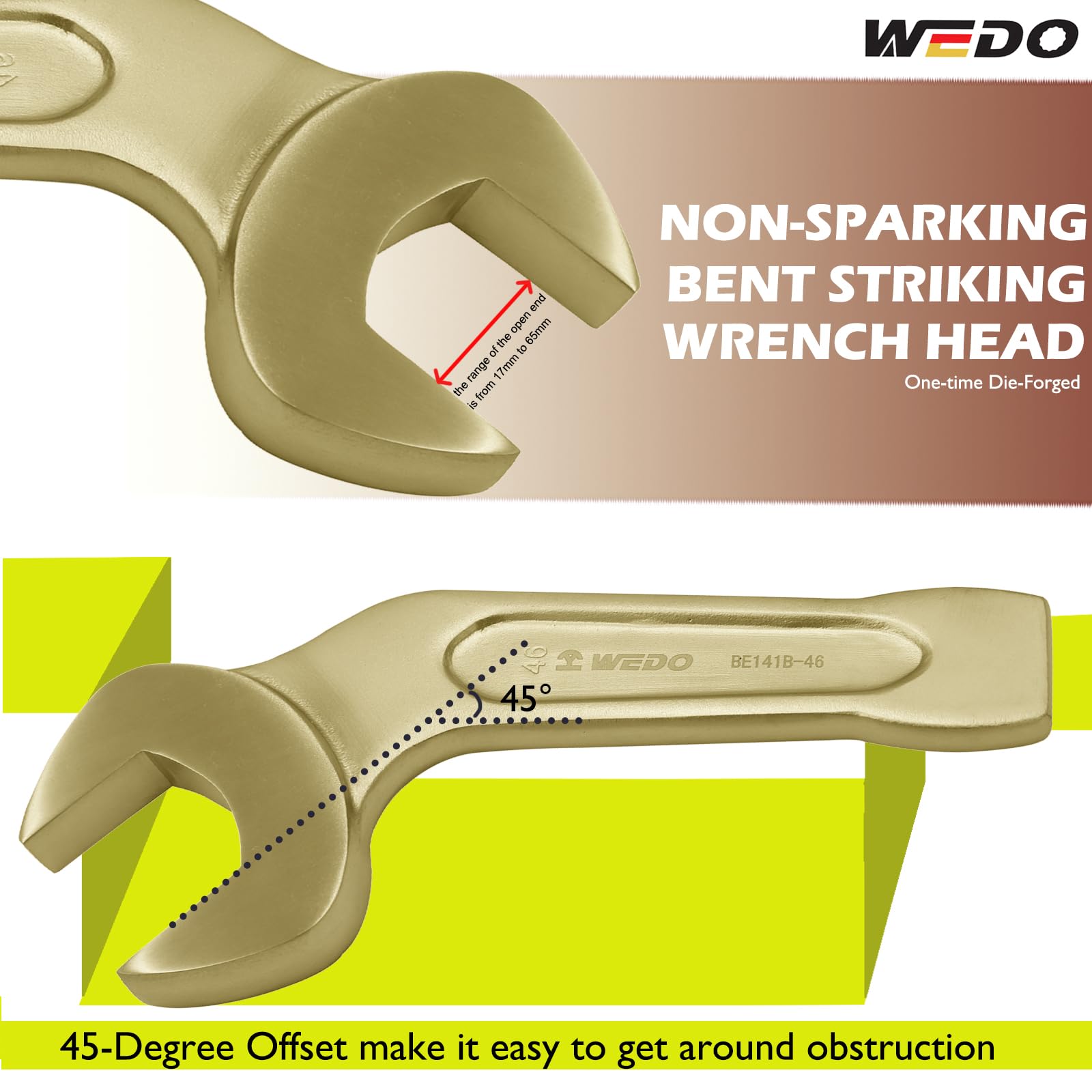 WEDO Non-Sparking Offset Striking Open End Wrench,Size 41mm,Length 230mm,45 Degree Spark-Free Safety Open End Spanner,Aluminum Bronze,Corrosion-Resistance - Image 3