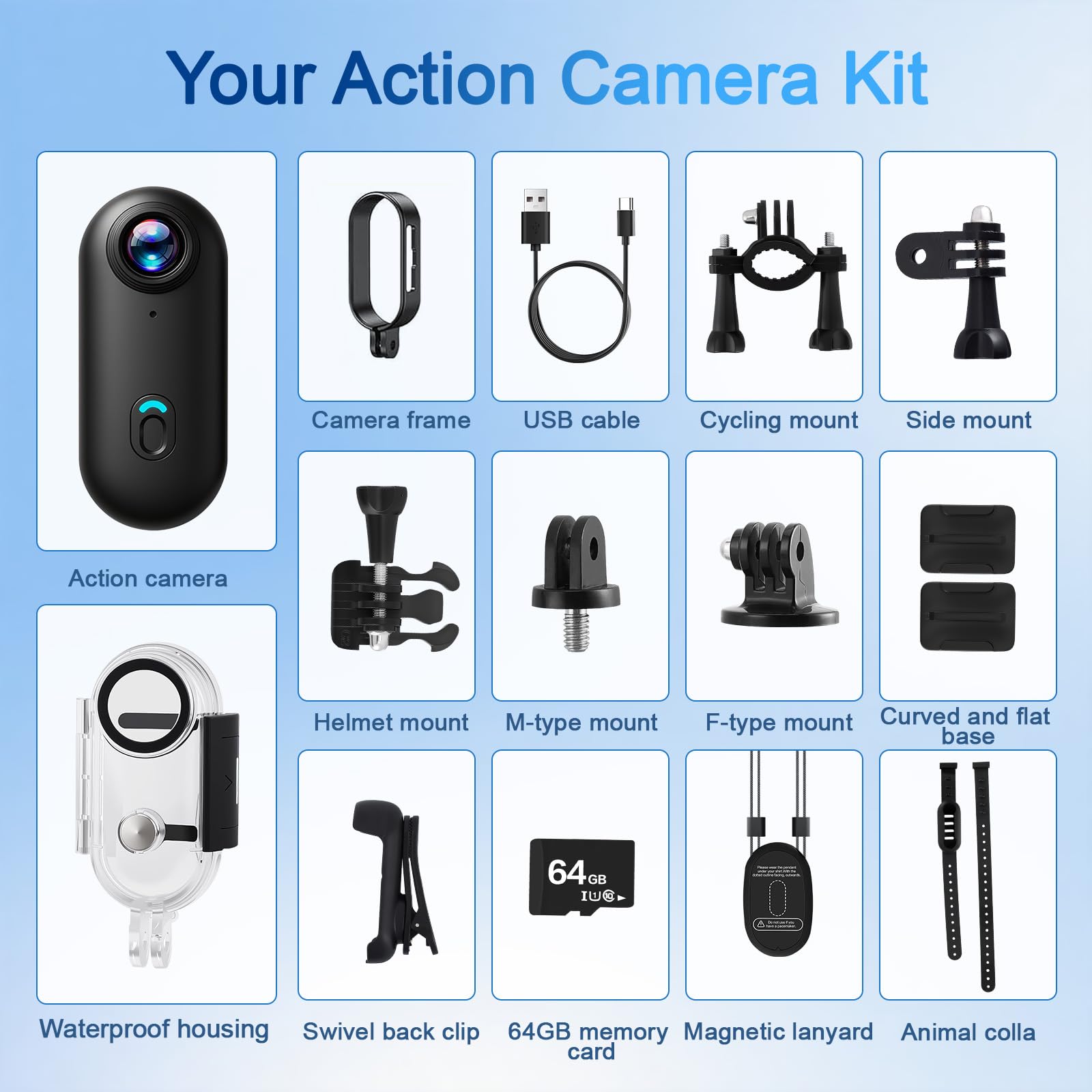 Action Cam, wasserdichte Kamera, 64GB Mini Bodycam, Fahrrad Dashcam, WiFi Action Camera, Körperkameras, Helmkamera Motorrad, Sportkamera mit Magnetisch und 360°-Klammer, für Radfahren Surfen