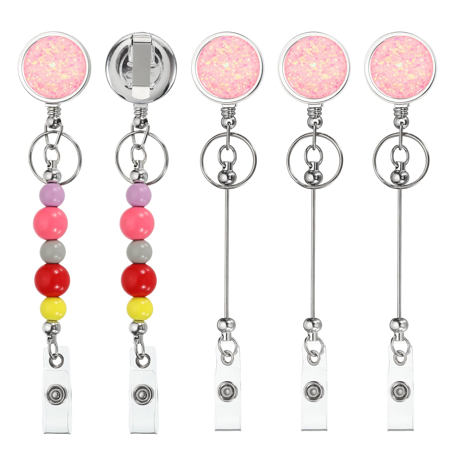 PATIKIL Beadable Badge Reels, 5 Pcs Bead Retractable Badge Holder, Retractable Bead Reel Keychain Blank Bar with Belt Clip for ID Name Key Teachers Office Workers DIY Gift, Pink
