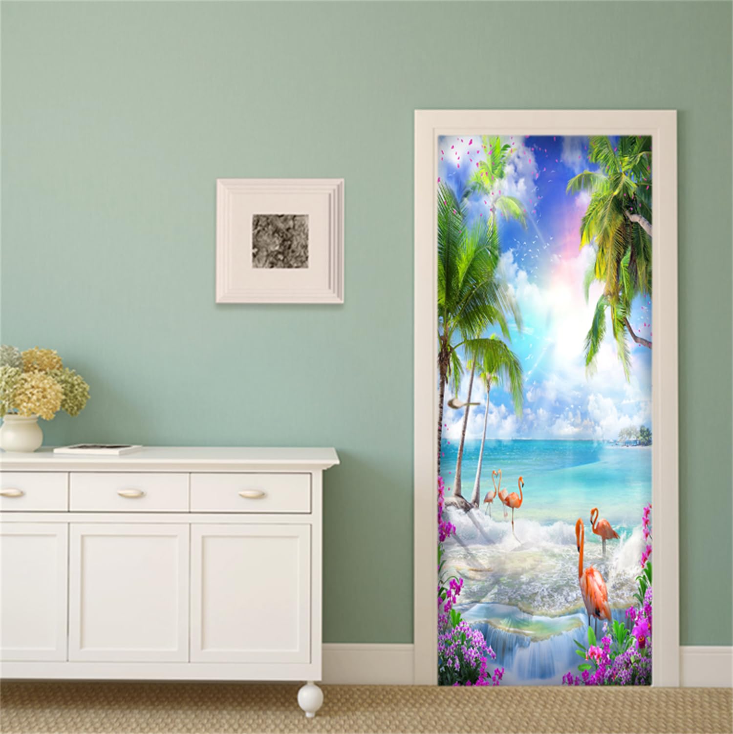 FLFK Peel and Stick Door Sticker 77x200cm-3D Sunset Pink Flamingos Self-Adhesive Door Mural Poster Photo Wallpaper for Bedroom Office Decor(2Pcs/Set)