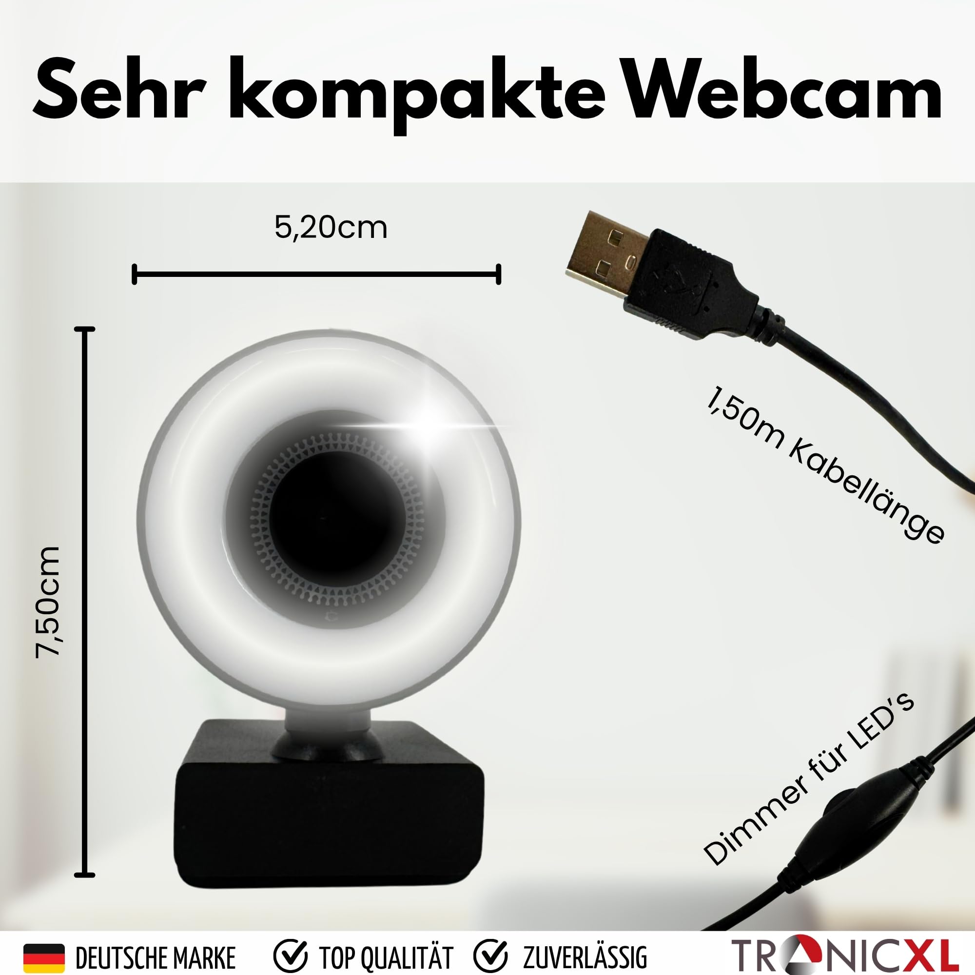 TronicXL Webcam Full HD con luce ad anello lampada 1920 x 1080p autofocus I 2 microfoni cancellazione del rumore sfondo I per streamer streaming videoconferenze gaming computer computer portatile per