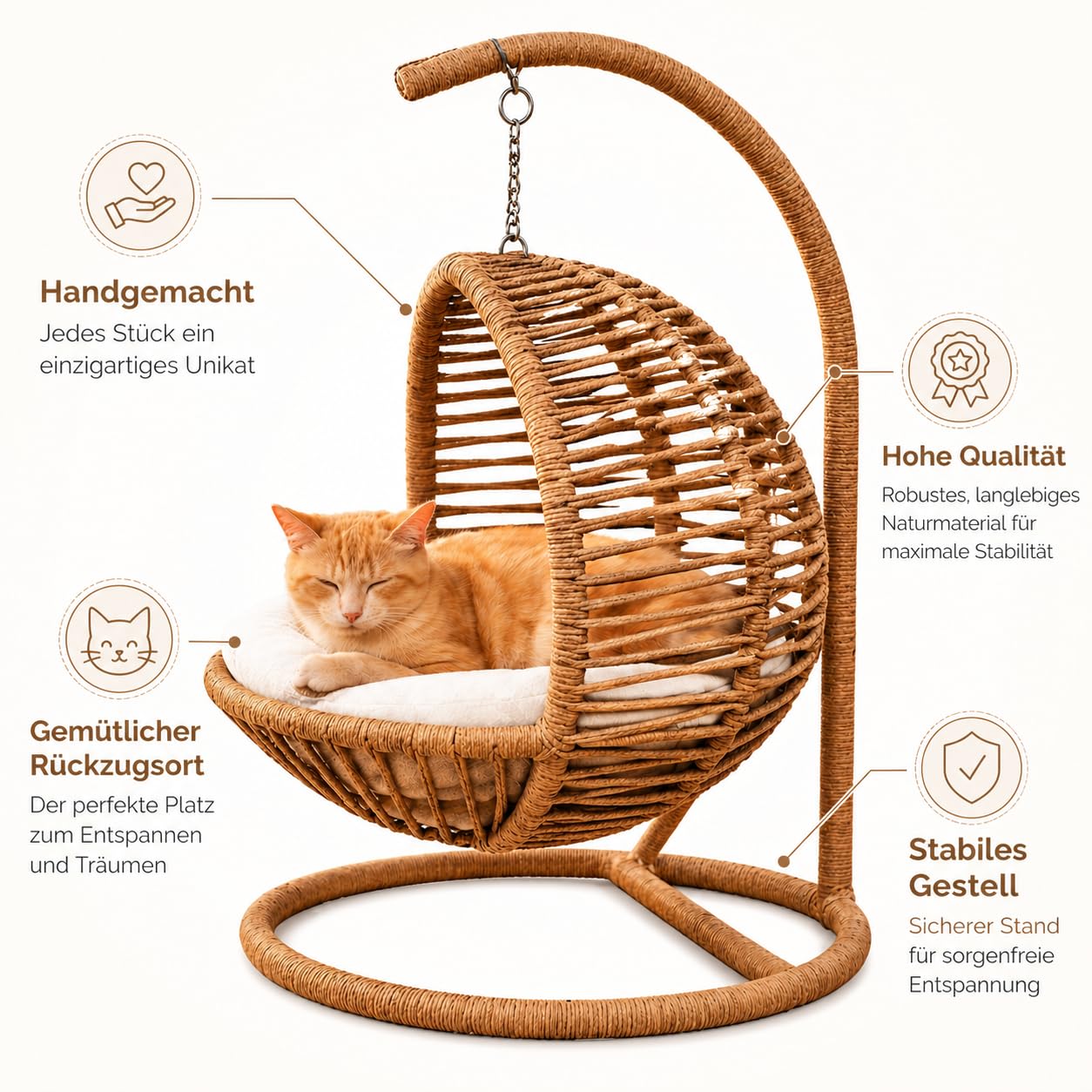 Generisch La Tahzen Katzenschaukel - Hängesessel für Katzen und kleine Hunde - 45 x 45 x 70 cm - Farbe Weiß - Handgefertigtes Haustiermöbel mit Plüschkissen (Beige)