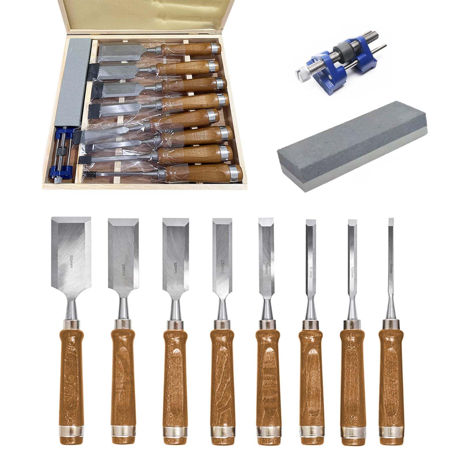 Juego De 8 Cinceles Para Madera, Herramienta De Cincel Manual Para Tallar Madera, Con Piedra De Amolar Y Guía De Molienda, Juego De Cinceles Para Trabajar La Madera De Nogal Negro