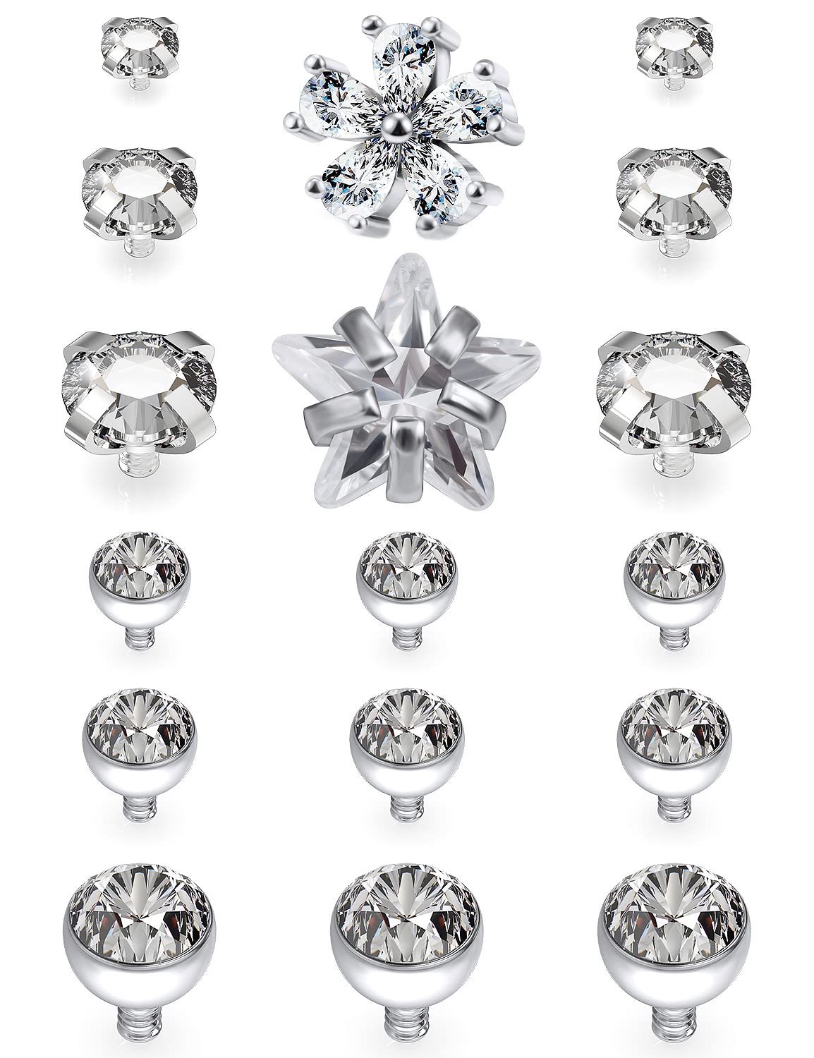 UqnwbdqTitanium Dermal Piercing Jewelry Hypaollergenic Cubic Zirconia Star Flower Dermal Tops for Women Men Top Size 2mm 3mm 4mm 17pcs