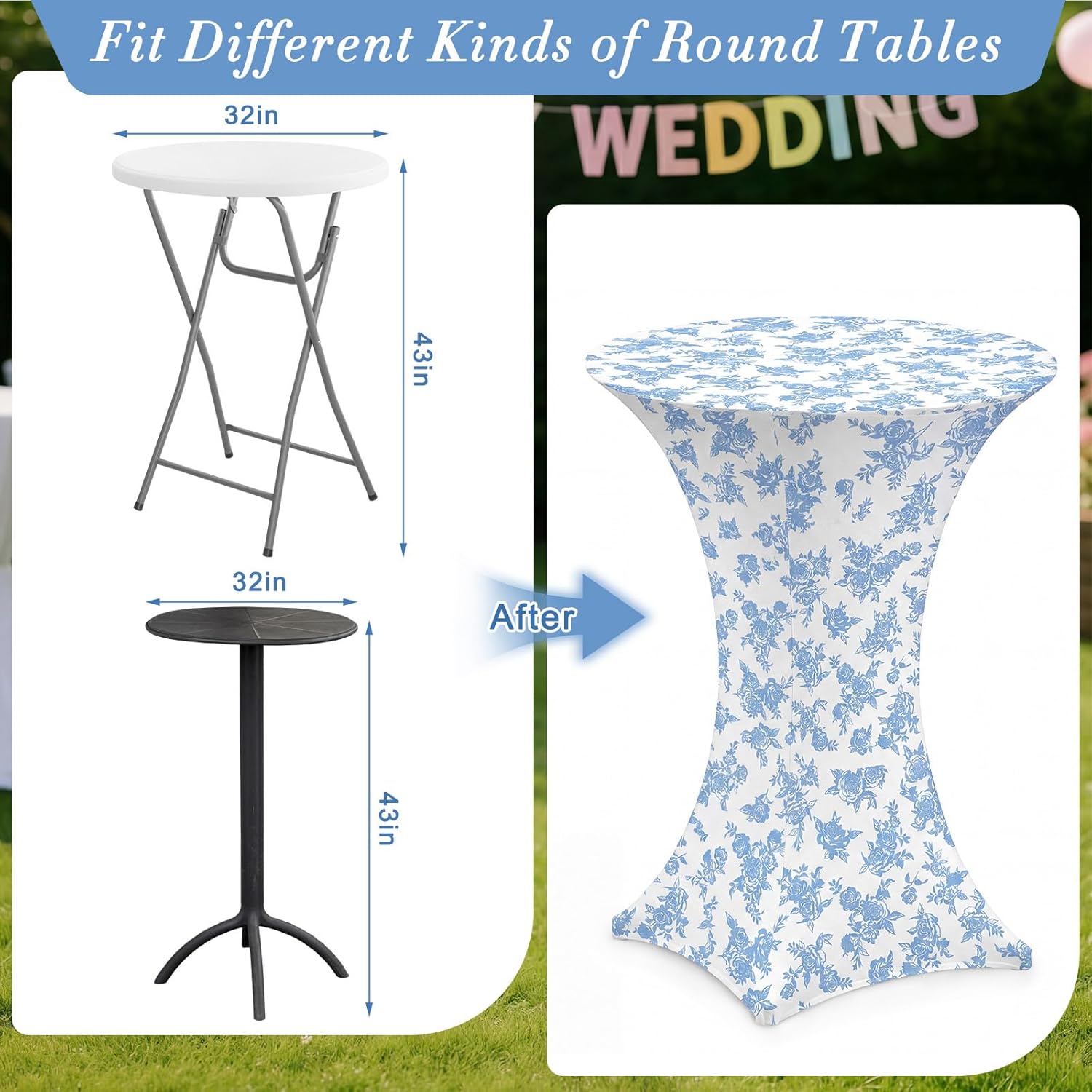 Mindsoft 4 Pcs 32''x43'' Blue Floral Highboy Spandex Cocktail Table Cover Fitted Stretch Cocktail Tablecloth Blue&White Porcelain Spandex High Top Table Cover for Wedding Birthday Graduation Party