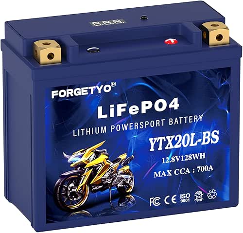 YTX20L-BS LiFePO4 Motorcycle Battery,12.8V 128WH 700A MACC 3000+ Deep Cycles
