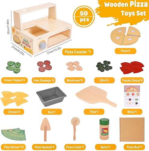Miniatura 5 de 50 piezas de juguetes de madera para pizza, juguetes Montessori de simulación, juego de mesa de pizza de madera con horno para hornear, comida de