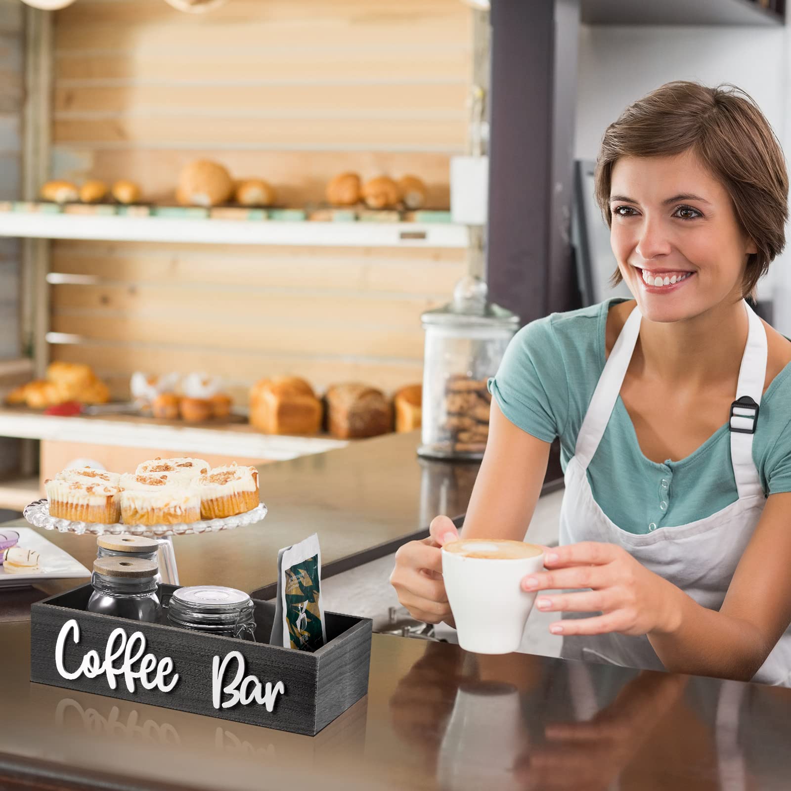 Coffee Bar Box Coffee Station Organizer Coffee Bar Wood Holder Rustic Farmhouse Kitchen Wooden Decor for Coffee Lover (Gray)