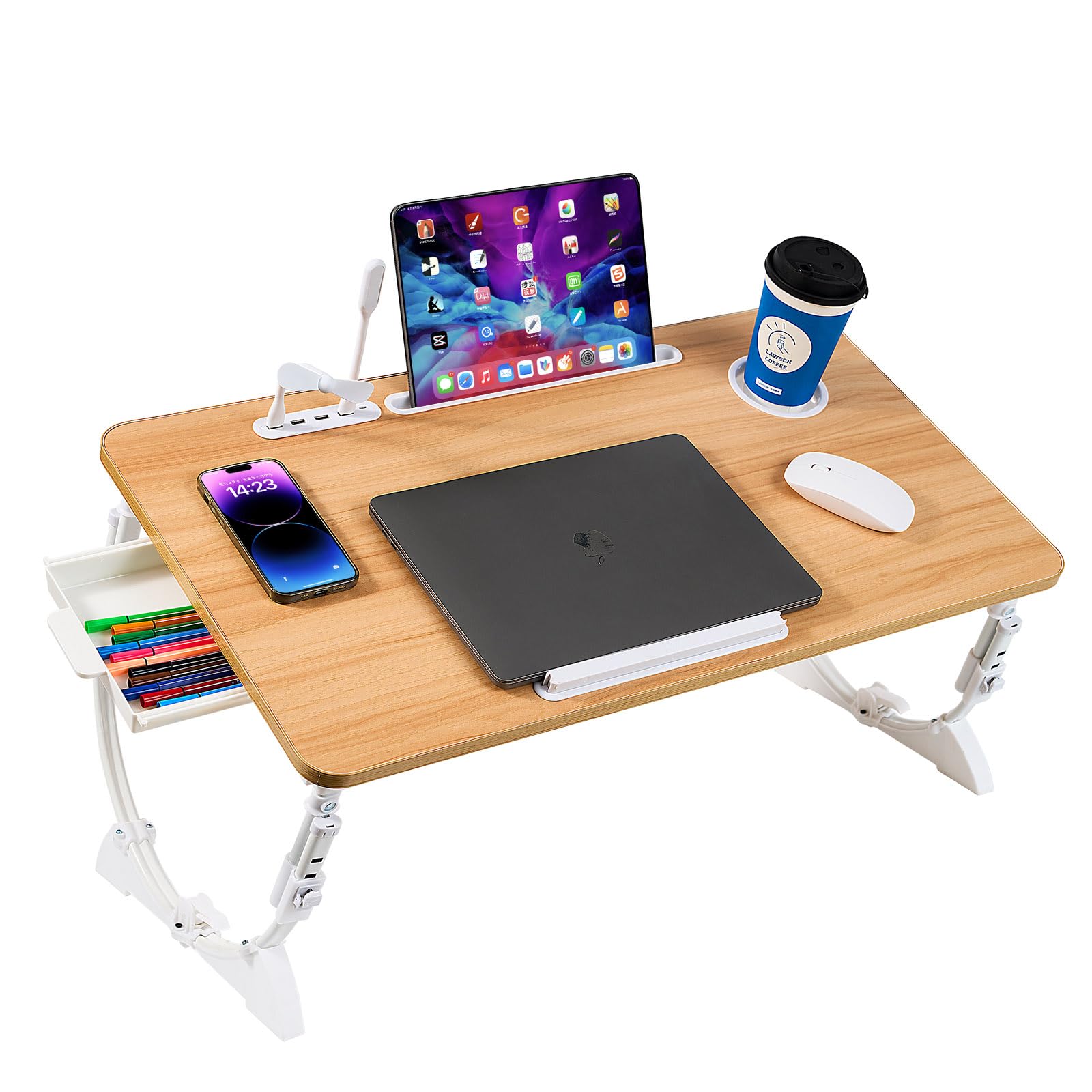 adjustable laptop bed desk with 4 usb ports, storage drawer, cup holder, x-large foldable bed laptop table stand for couch sofa floor, portable lap desk tray for eating reading working drawing gaming