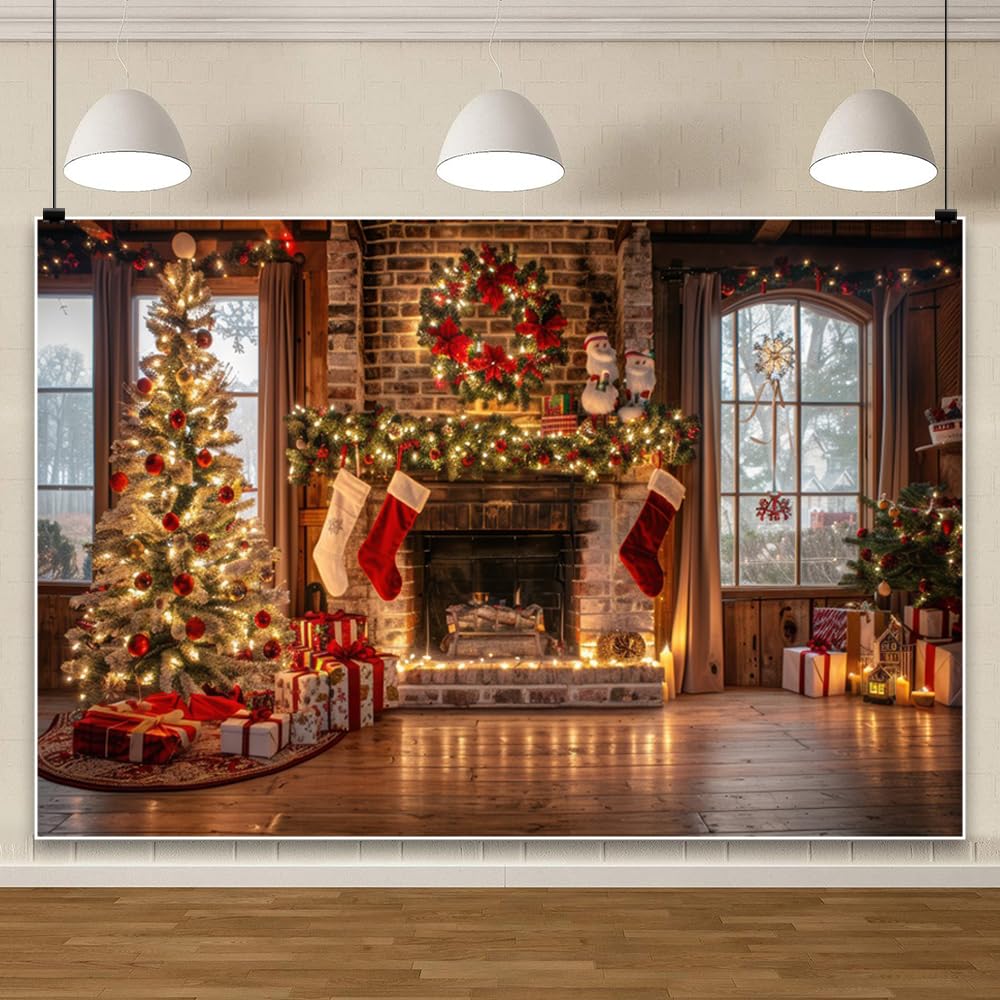 Toile de Fond cheminée Noël Ttincceer 3.5x2.5m, Arbre de Noël Lumineux, Mur de Briques, Plancher en Bois, arrière-Plan Photo, scène de fenêtre, décoration de fête, bannière