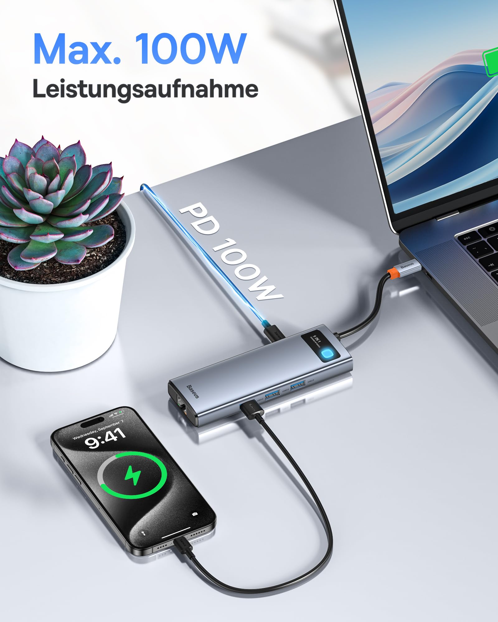 Baseus 9 in 1 Docking Station USB C 4K@120Hz, 2 HDMI dual monitore USB C Hub, 1000Mbp Ethernet, 100W PD,TF/SD Kartenleser, USB 3.0, Multiport Adapter für MacBook/Dell/HP/Surface/Lenovo & Mehr PC