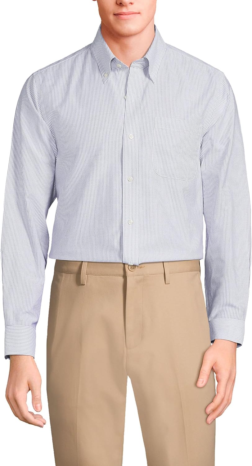 Lands' End Mens Pattern No Iron Oxford Traditional Shirt Deep Sea Navy Stripe Regular 17 35