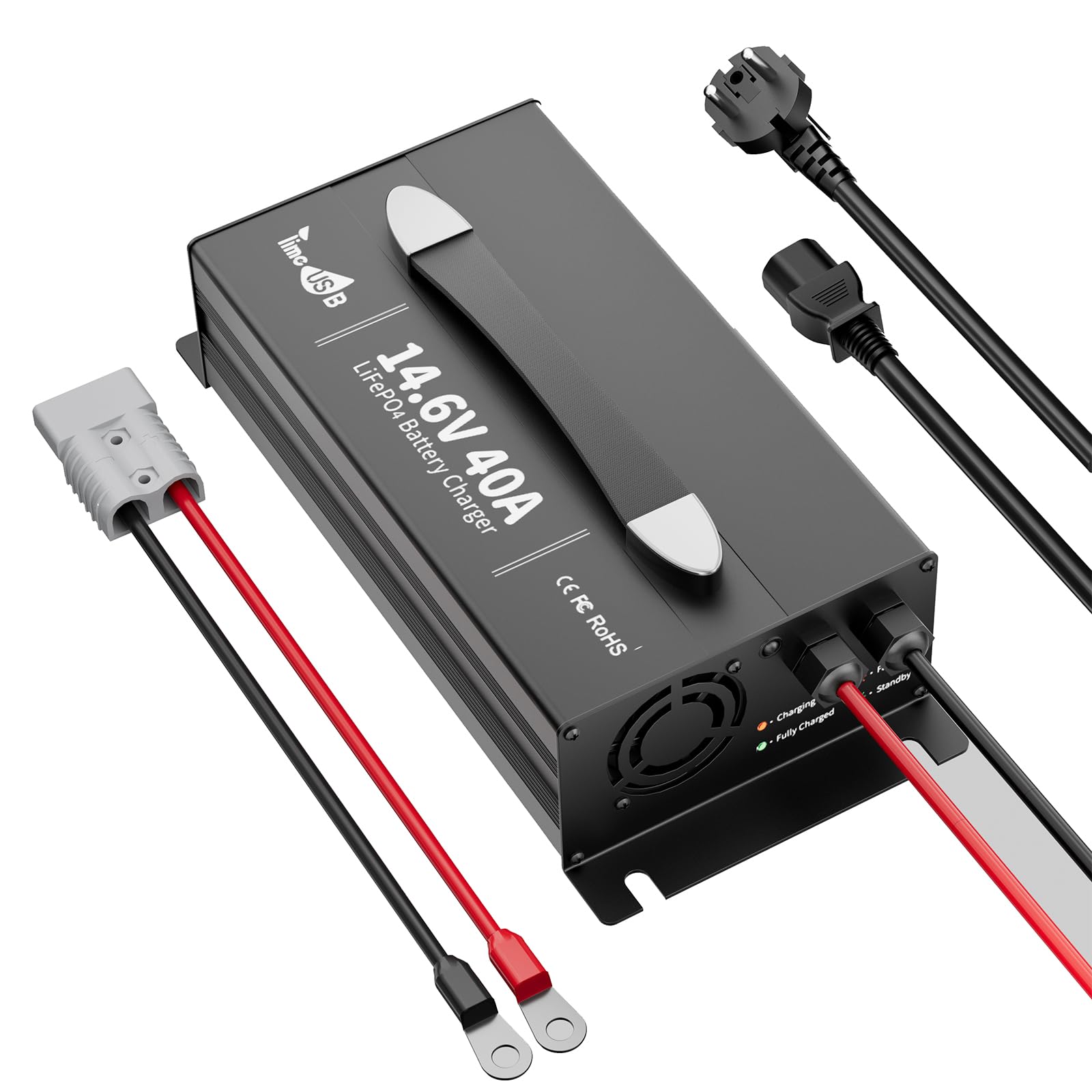Timeusb Chargeur LiFePO4 14,6V 40A avec Prise Anderson pour Batterie 12V | Chargeur de Batterie Lithium 40A à Chargement Rapide avec Indicateur LED,Intelligent AC-DC