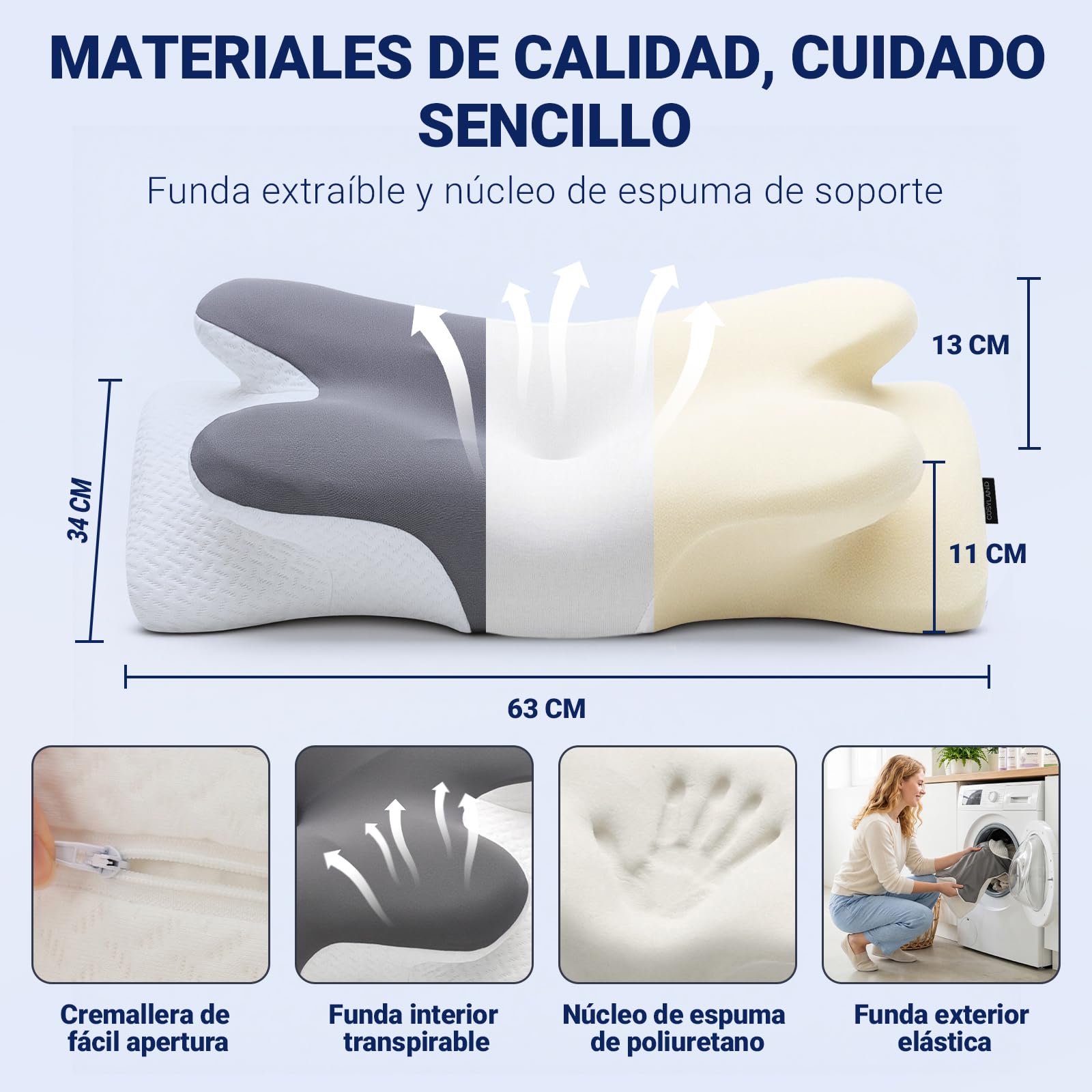 COSYLAND Almohada Cervicales y Cuello - Espuma Viscoelástica, Diseño Mariposa con Soporte Ergonómico y Transpirable, para Dormir de Lado, Boca Arriba y Boca Abajo, 63 x 34 x 11/13 cm - 4