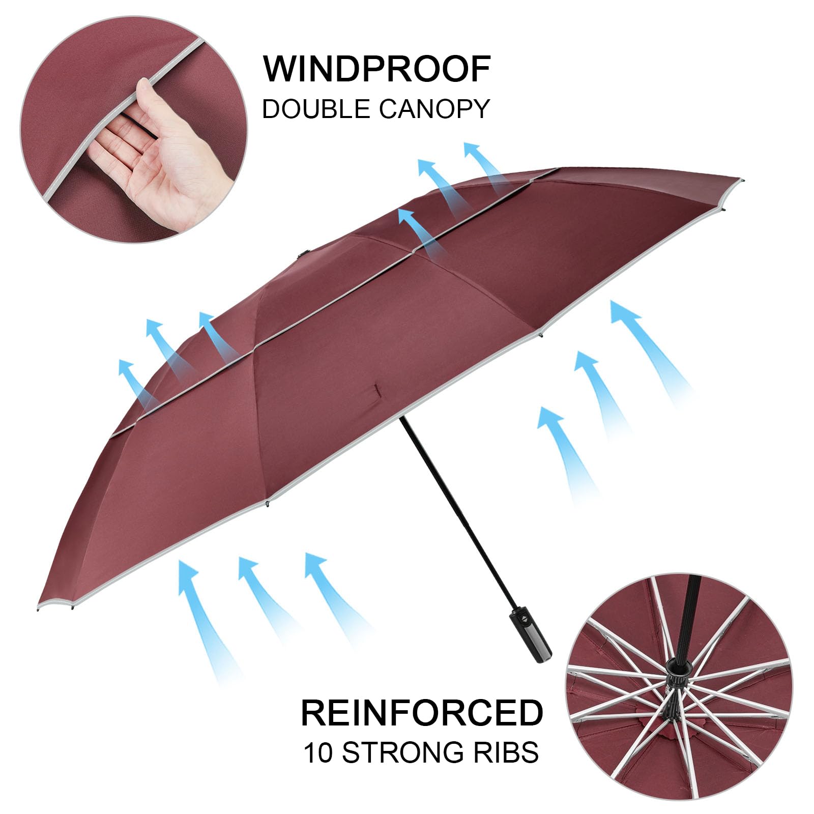 G4Free Paraguas plegable de golf 62 pulgadas rayas reflectantes 10 varillas invertido resistente al viento doble dosel cierre automático
