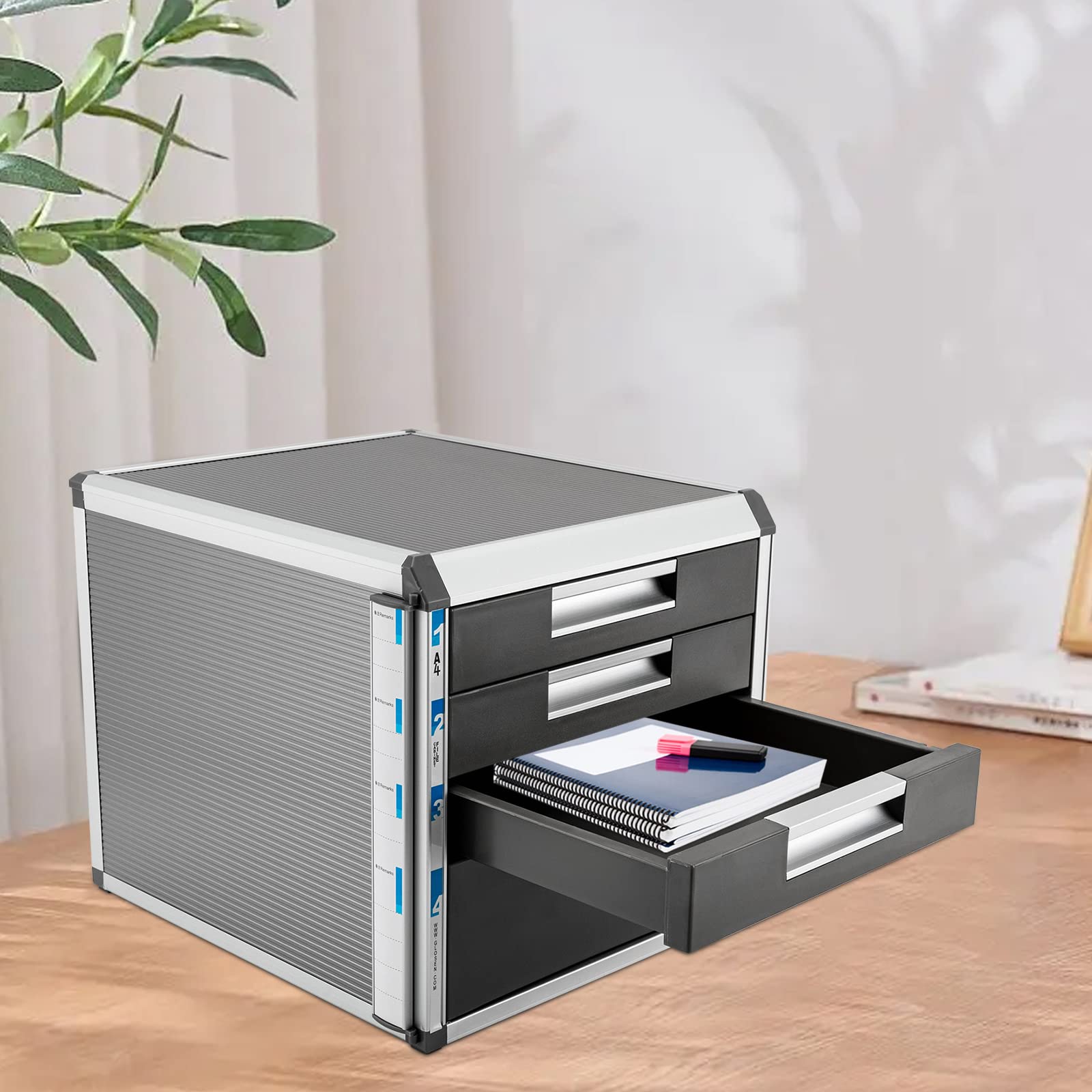 Metall Schubladenbox Abschließbar, Dokumenten Aufbewahrung Ablagebox, Aktenschrank Aluminiumlegierung Büroschrank Metallschrank File Cabinet, Beistellcontainer Bürokommode für Dokumente (4 Ebenen)