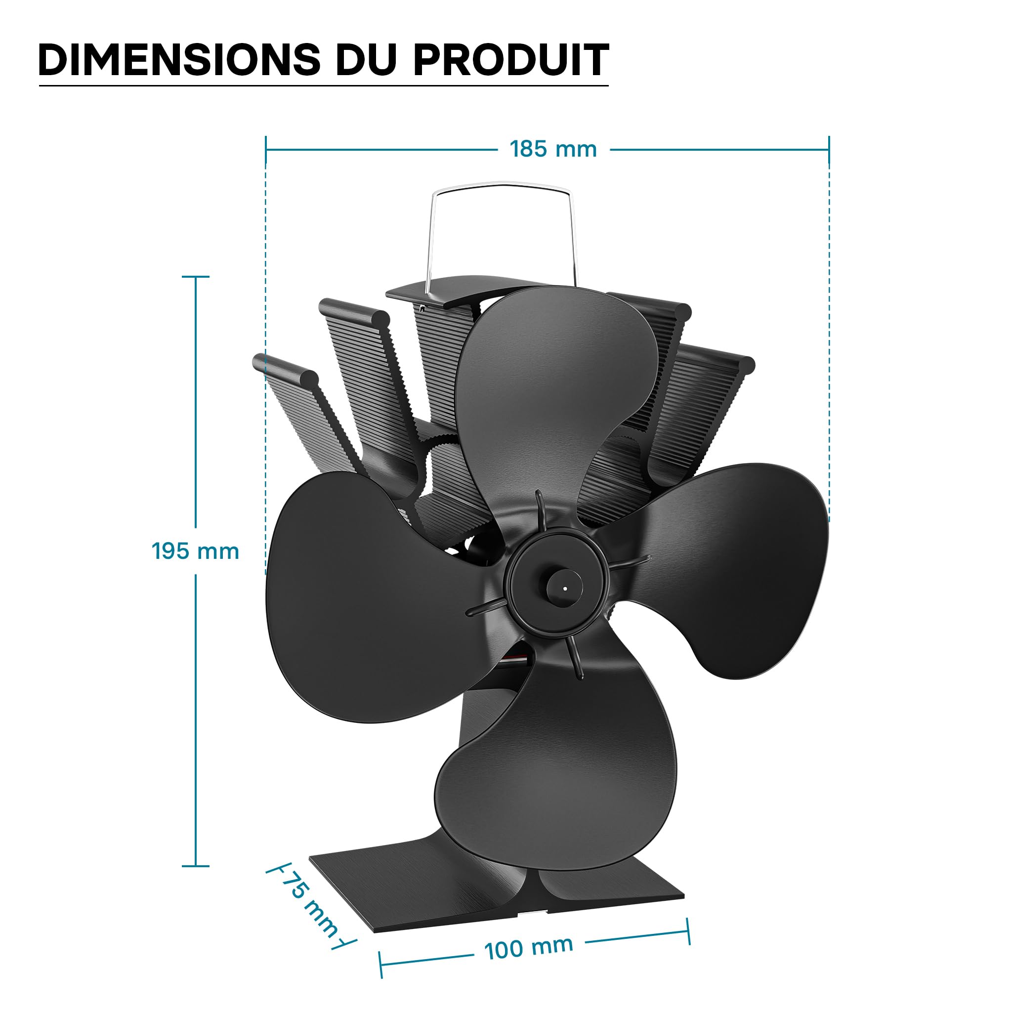 WilTec Ventilateur de poêle à bois – 4 Hélices – 1100 tr/min – 70-350 °C – Autoalimentation thermique par Chaleur Sans courant – Distribution homogène de chaleur de cheminée