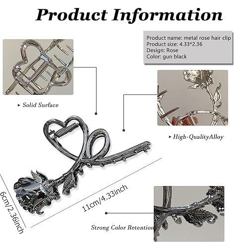 Miniatura 3 de 1 pinza de pelo con diseño de flores, pinzas de metal con rosas negras, pasador de pelo de gran tamaño, pinzas de tiburón para cabello grueso o