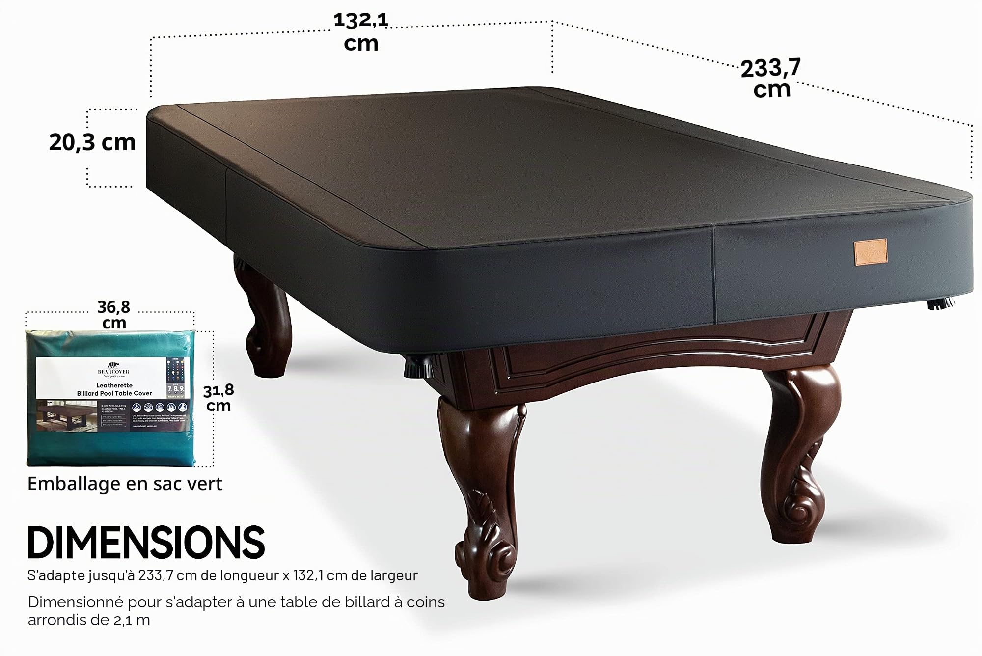 Housse de billard en similicuir robuste, imperméable et indéchirable pour table de billard de 2,2/2,4 m (2,1 m, noir)