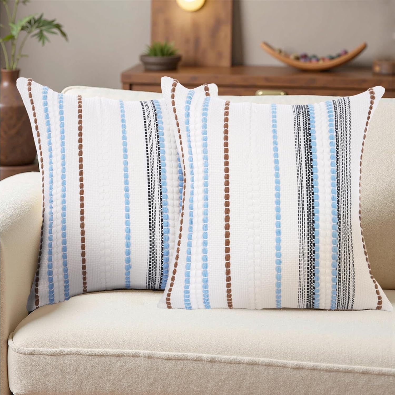 Boho Throw Pillow Covers 18x18 Set of 2, Soft Chenille Striped Decorative Cushion Covers for Couch Sofa Bedroom Living Room, Neutral Blue Brown White - Image 5