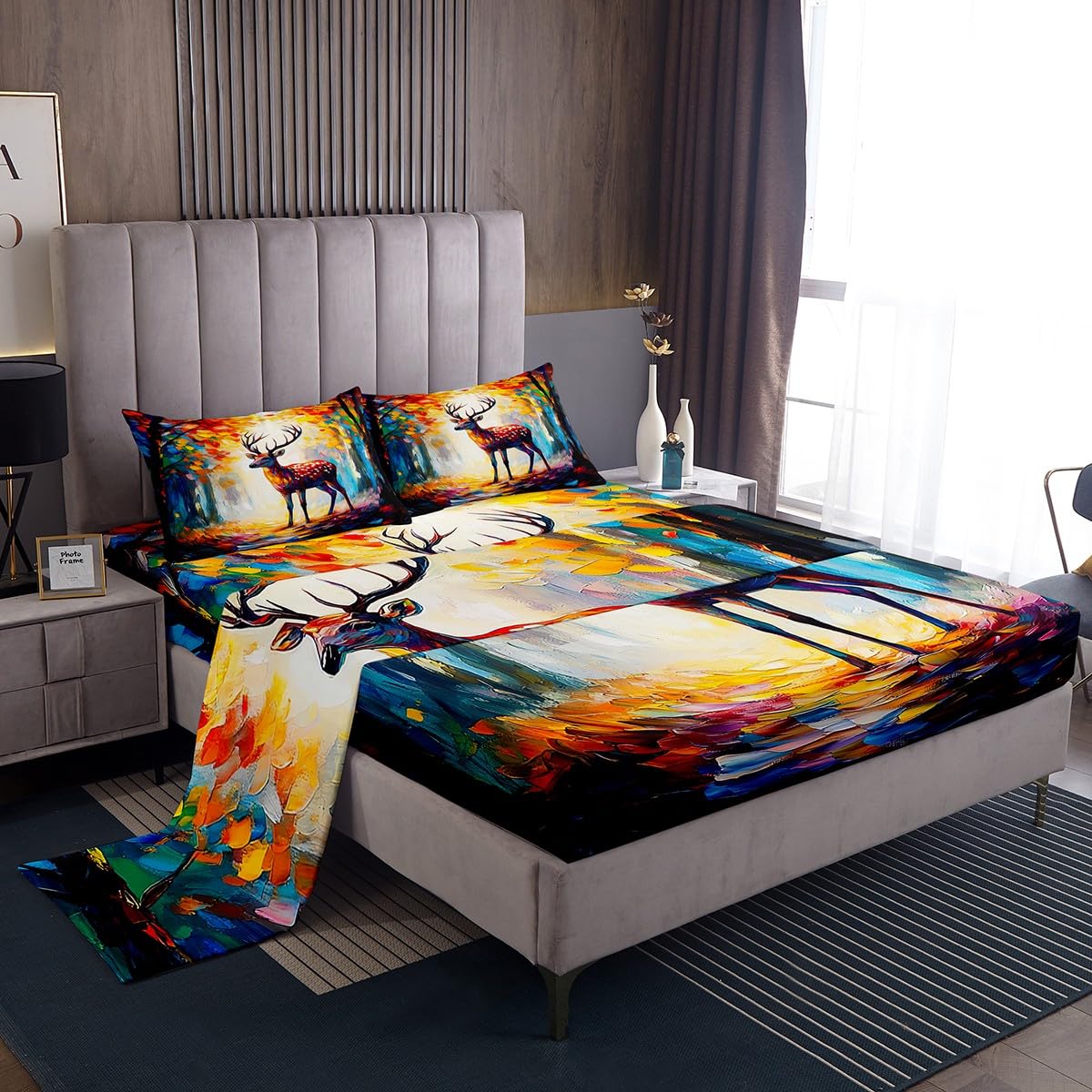 Homemissing Colorful Deer Bed Sheet Set King Size For Kids Boys Girls Teens Deer Hunting Bedding Set Wild Animal Sheet with Deep Pocket Fitted Sheet+2 Pillowcases Autumn Jungleative Sheet Set โ image 1