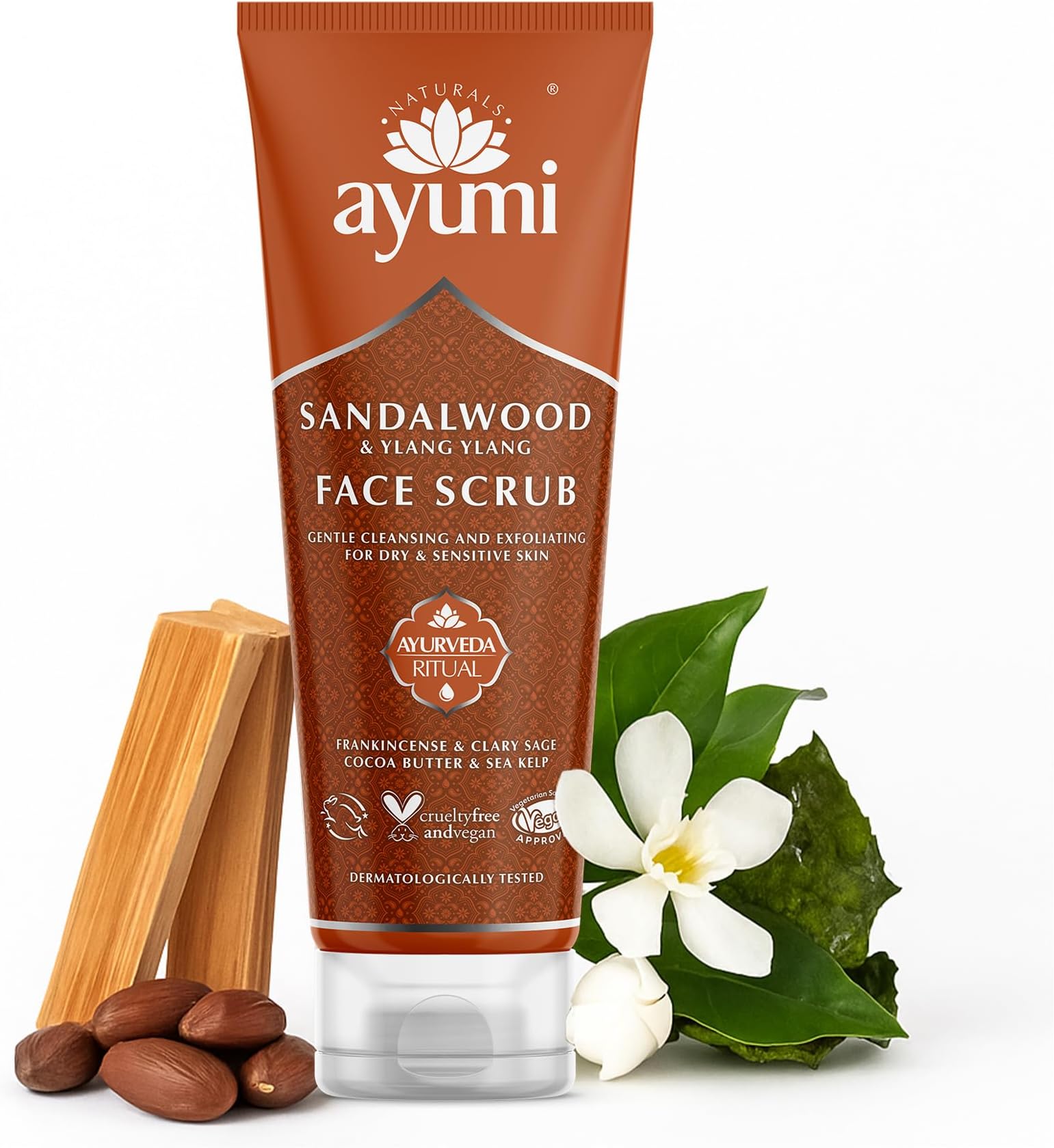 Sandalwood Face Scrub | Dry Skin Exfoliating Face Scrub | Black Head Remover for Face with Sea Kelp | Dull Skin Face Exfoliator Scrub | Aromatic Face Scrub for Women & Men | 1 x 125 ml