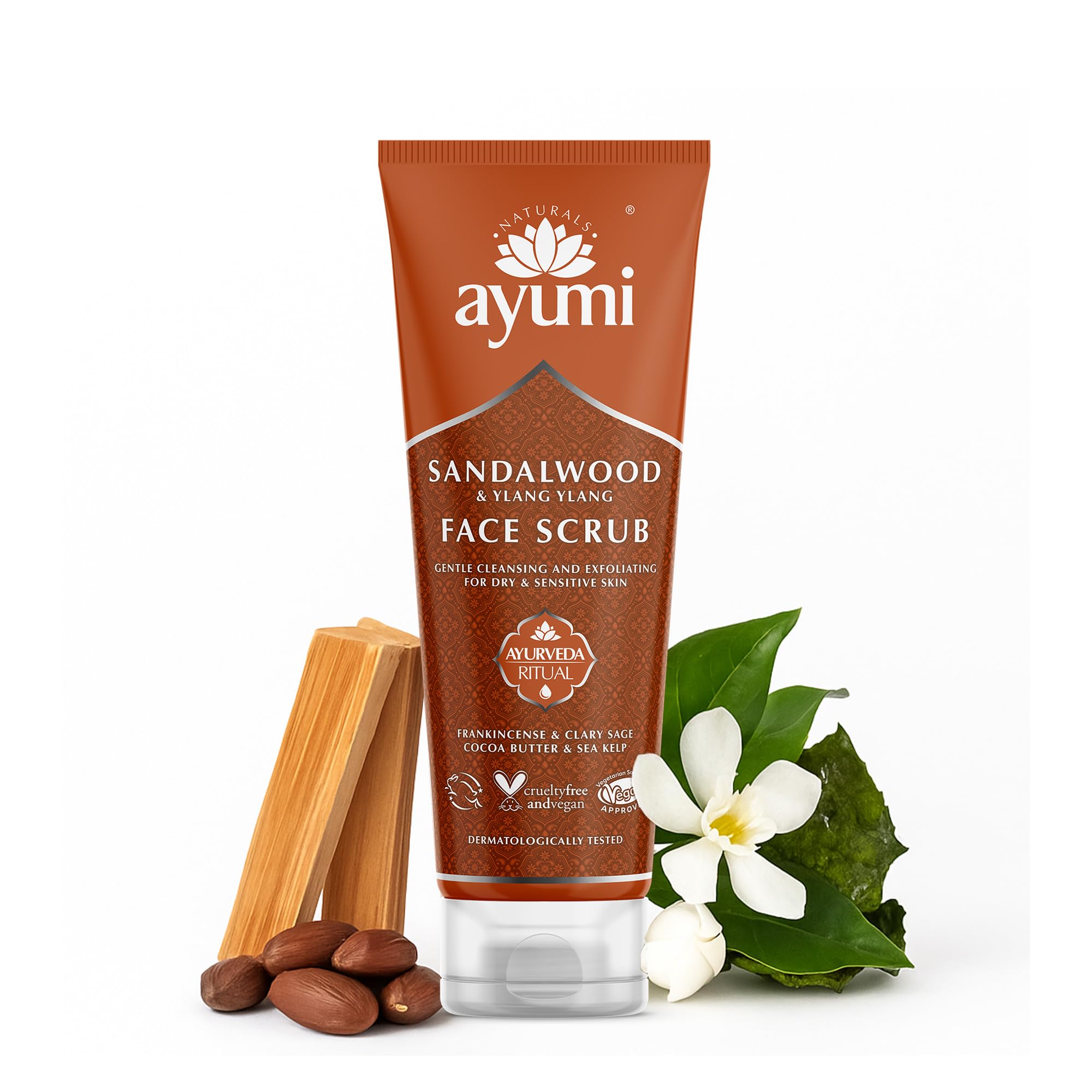 Sandalwood Face Scrub | Dry Skin Exfoliating Face Scrub | Black Head Remover for Face with Sea Kelp | Dull Skin Face Exfoliator Scrub | Aromatic Face Scrub for Women & Men | 1 x 125 ml