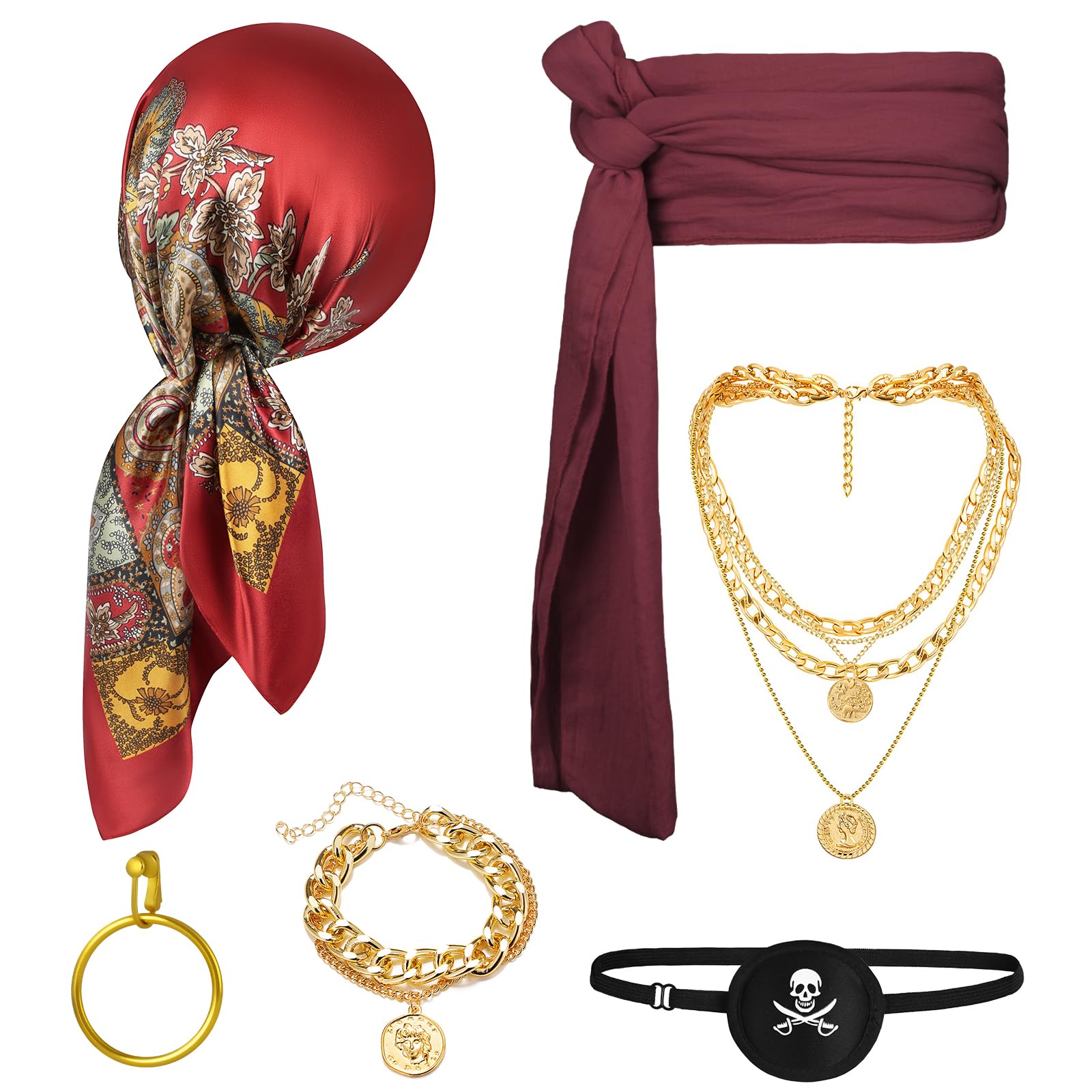 Alaoo 6 Pcs Pirate Costume Accessories Sets, Pirate Captain Accessories with Bandana Sash Belt, Medieval Renaissance Corsair Costume for Halloween Corsair Party, Red